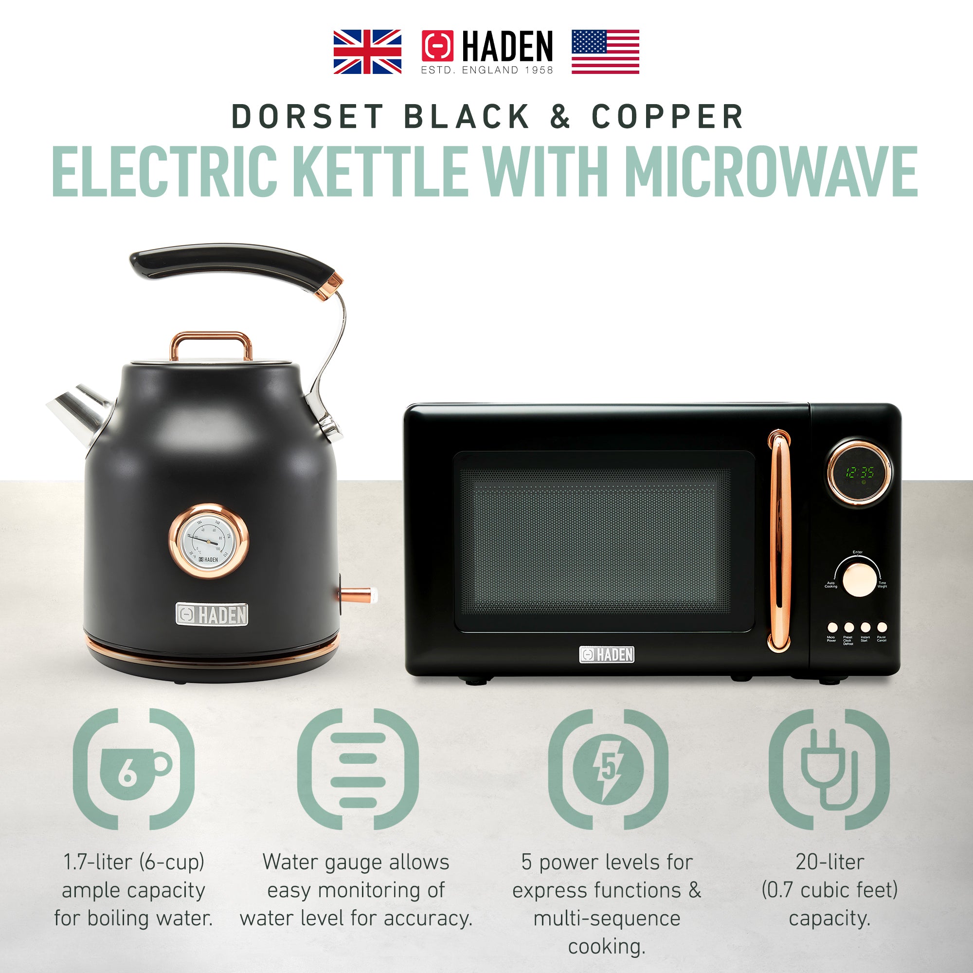 Haden 700W Countertop Microwave & Dorset 1.7L Electric Kettle, Black & Copper - VMInnovations