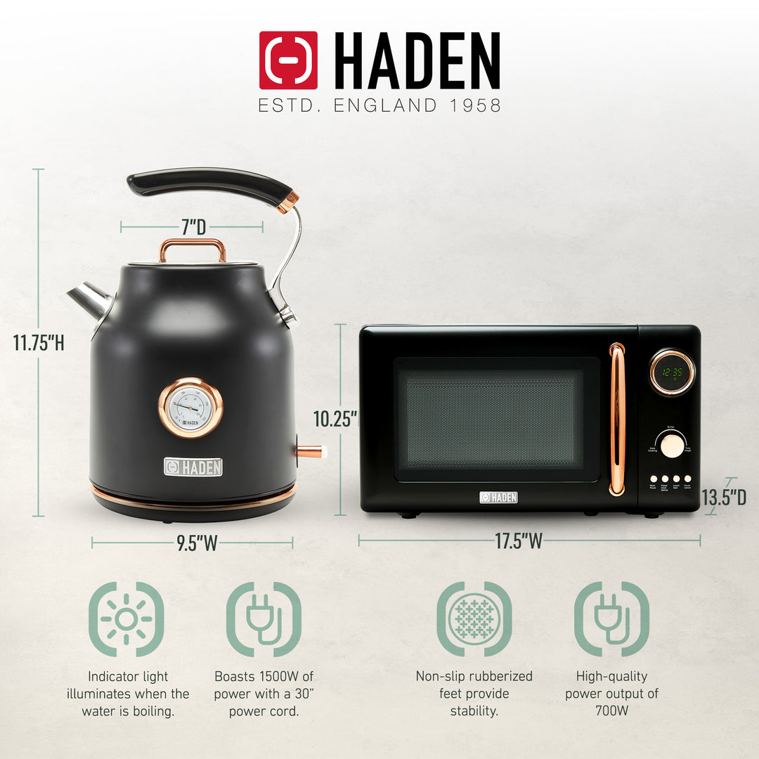 Haden 700W Countertop Microwave & Dorset 1.7L Electric Kettle, Black & Copper - VMInnovations