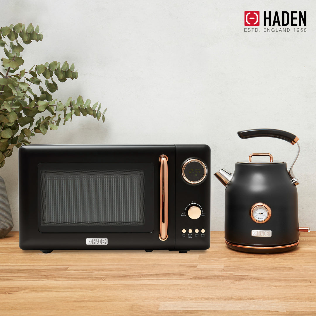Haden 700W Countertop Microwave & Dorset 1.7L Electric Kettle, Black & Copper - VMInnovations