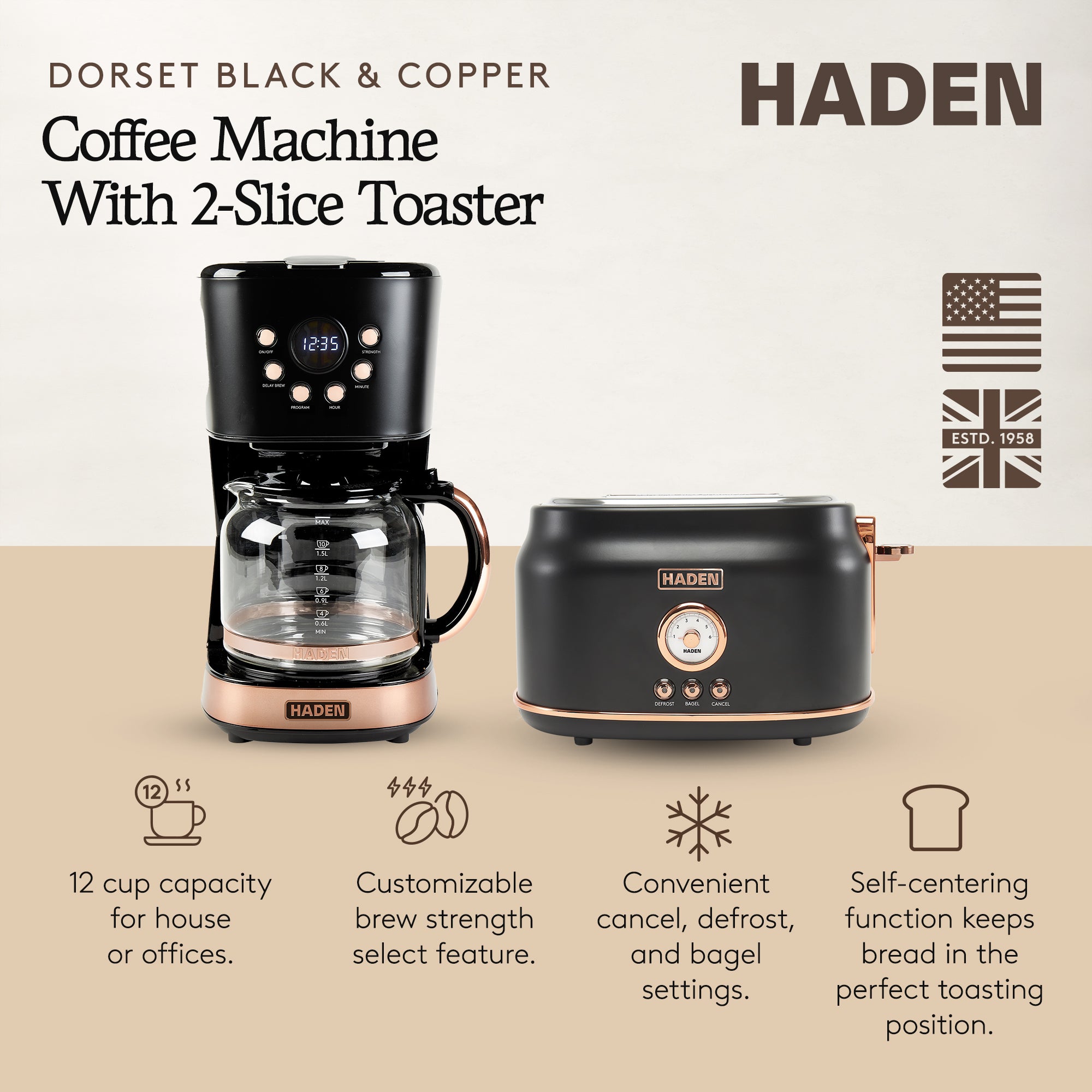 Haden Dorset 2 Slice Wide Slot Toaster & 12 Cup Coffee Maker, Black & Copper - VMInnovations