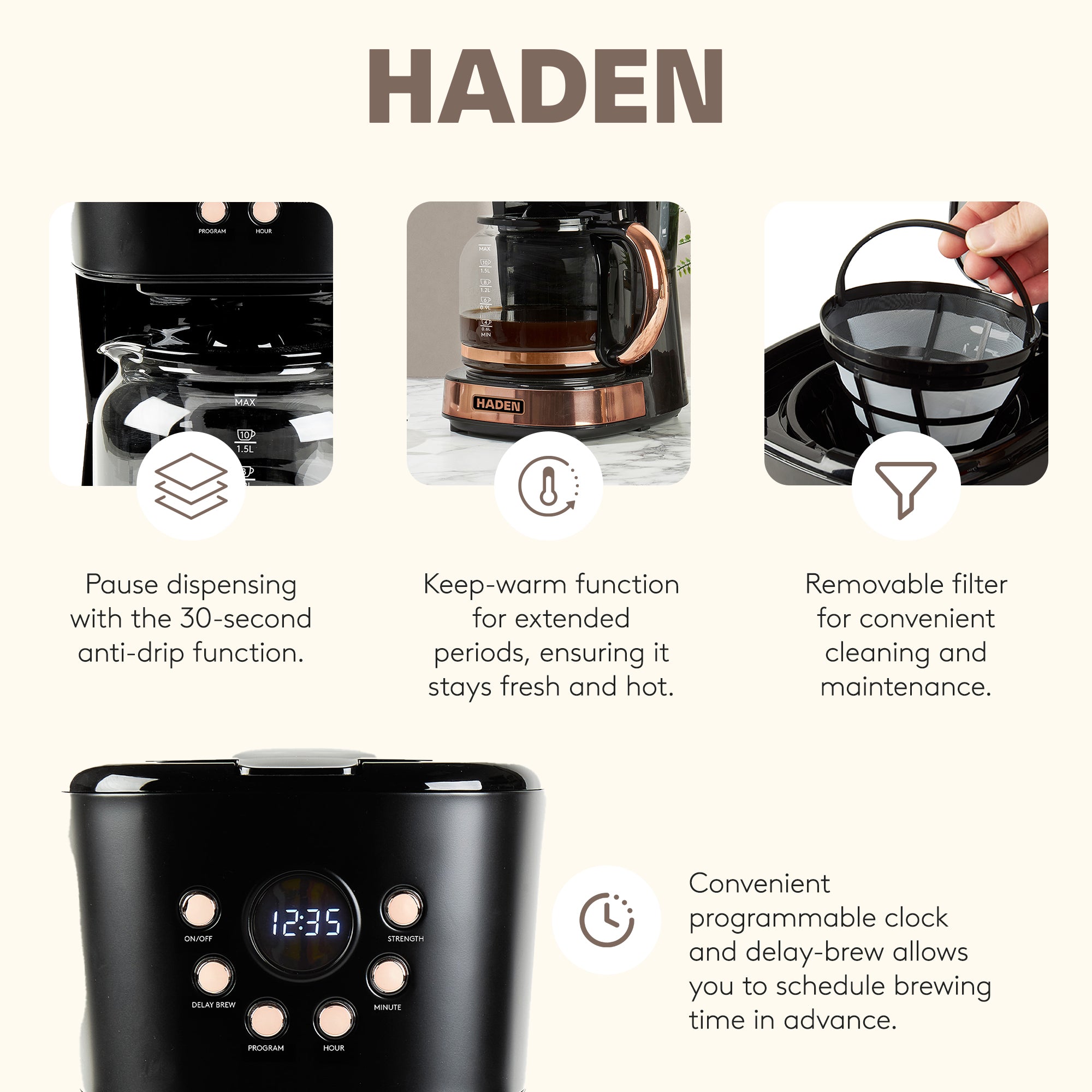 Haden Dorset 2 Slice Wide Slot Toaster & 12 Cup Coffee Maker, Black & Copper