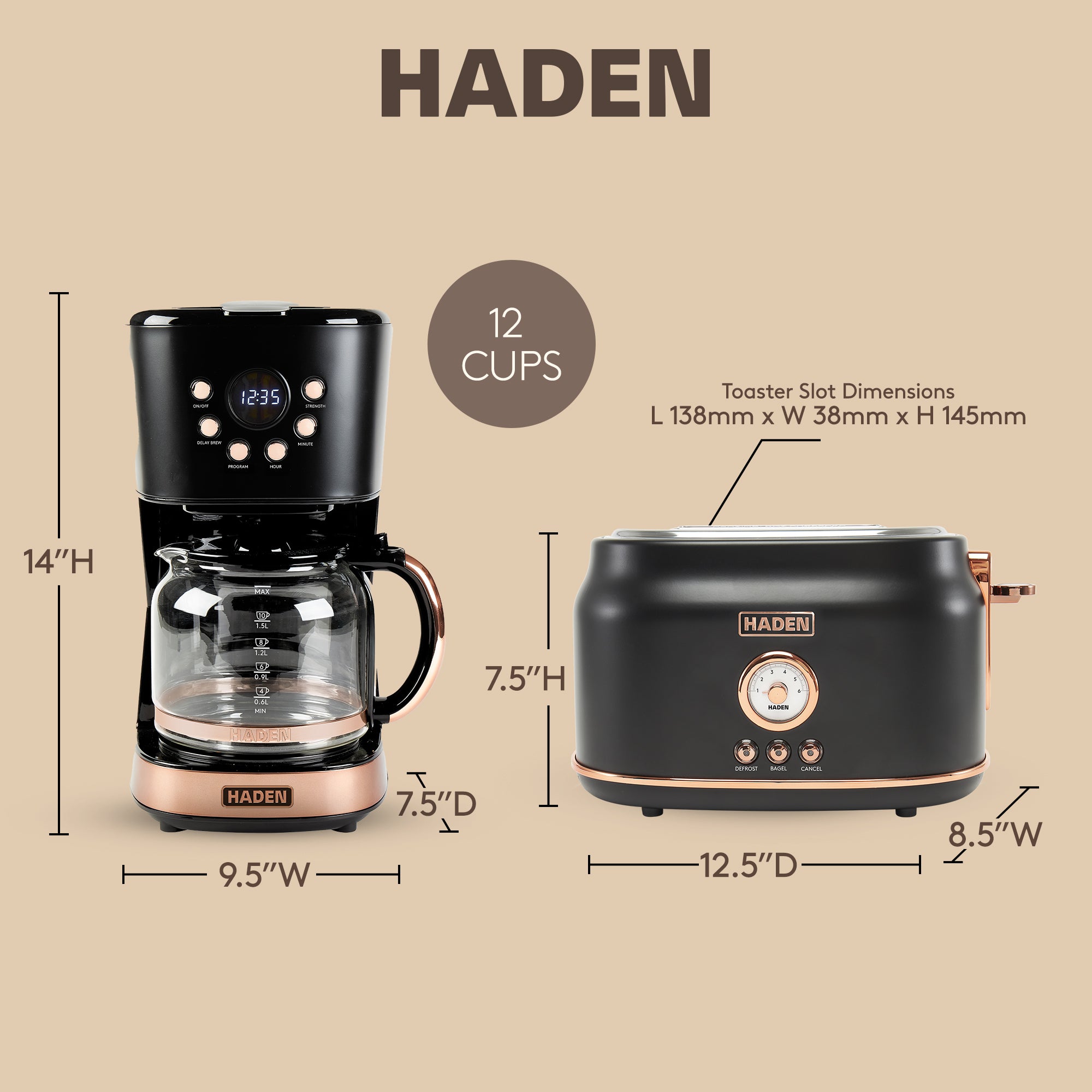 Haden Dorset 2 Slice Wide Slot Toaster & 12 Cup Coffee Maker, Black & Copper - VMInnovations