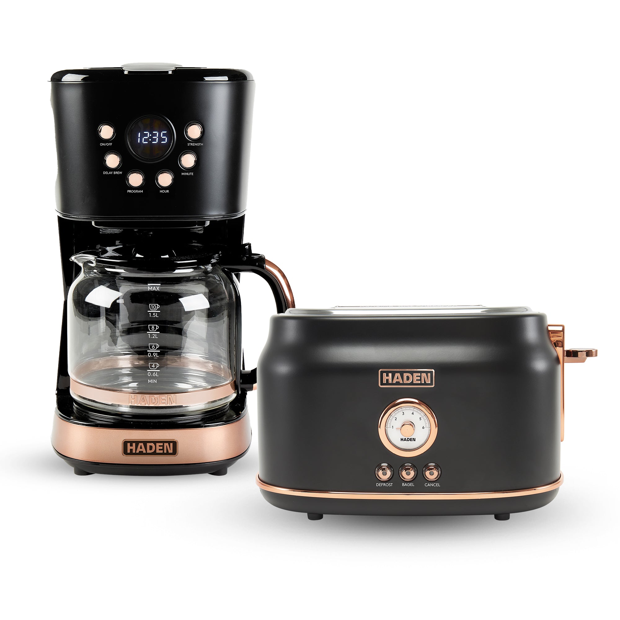 Haden Dorset 2 Slice Wide Slot Toaster & 12 Cup Coffee Maker, Black & Copper - VMInnovations