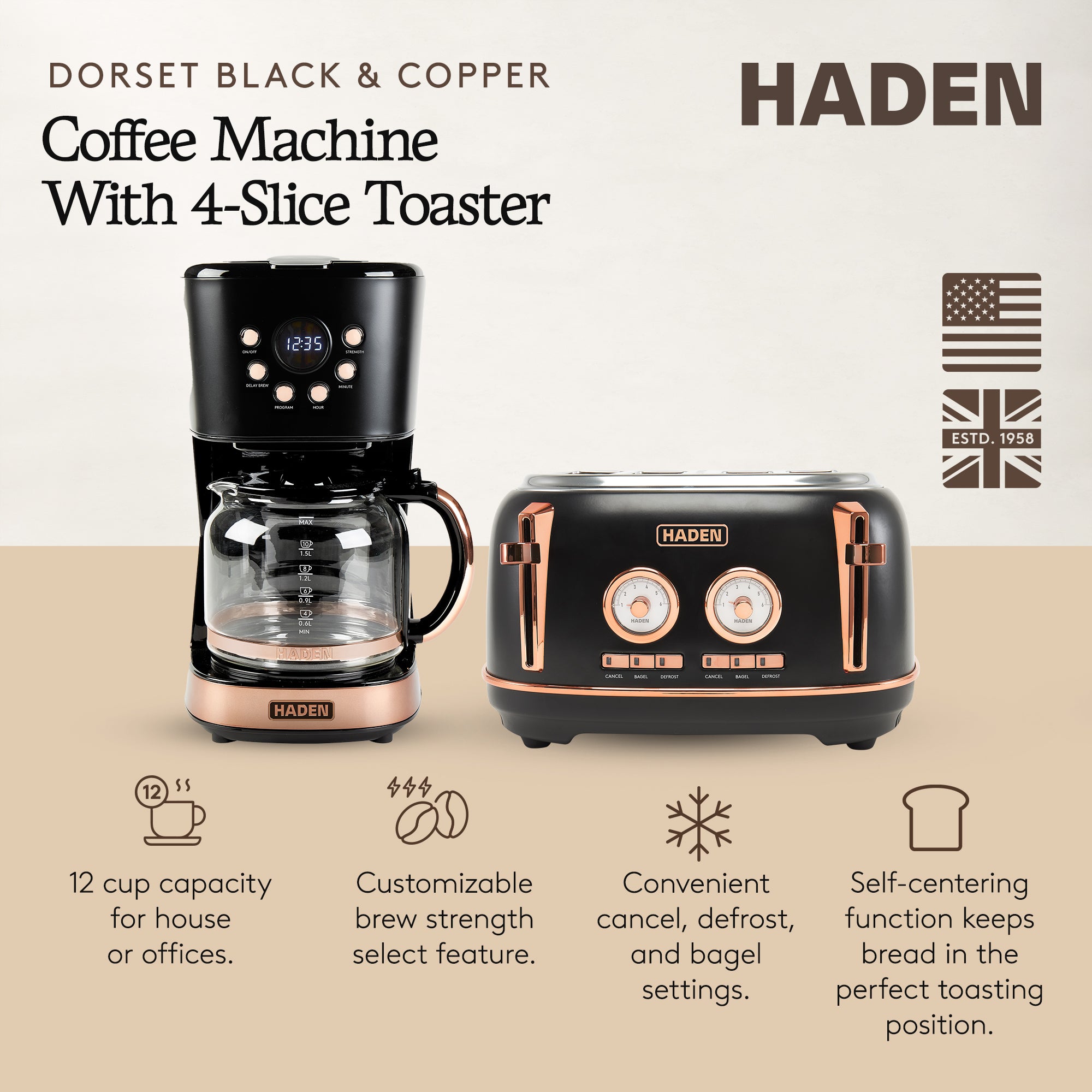 Haden Dorset 4 Slice Wide Slot Toaster & 12 Cup Coffee Maker, Black & Copper - VMInnovations
