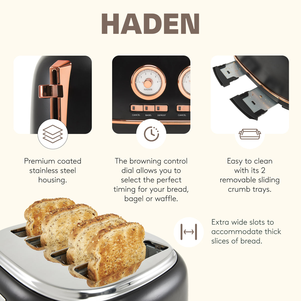 Haden Dorset 4 Slice Wide Slot Toaster & 12 Cup Coffee Maker, Black & Copper