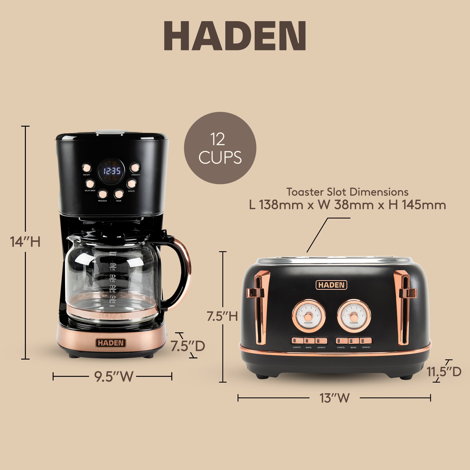 Haden Dorset 4 Slice Wide Slot Toaster & 12 Cup Coffee Maker, Black & Copper - VMInnovations