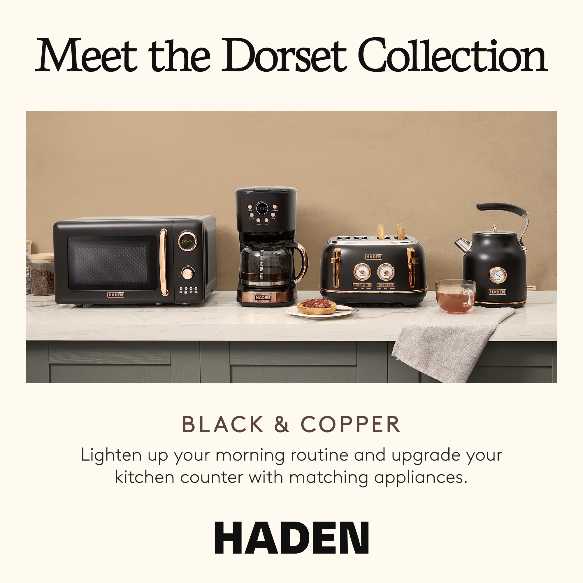 Haden Dorset 4 Slice Wide Slot Toaster & 12 Cup Coffee Maker, Black & Copper - VMInnovations