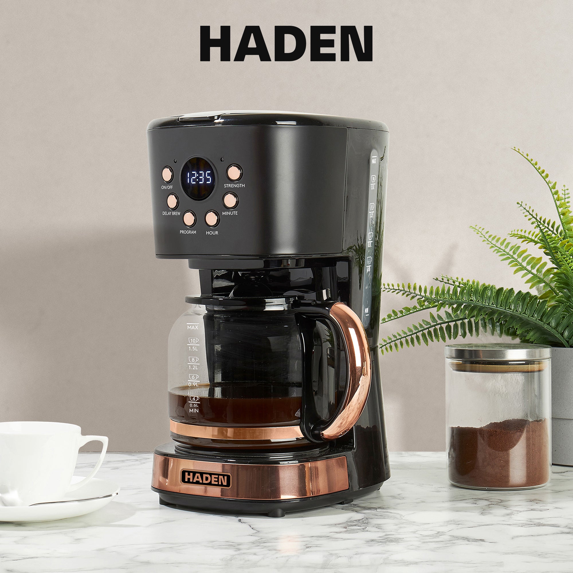 Haden Dorset 4 Slice Wide Slot Toaster & 12 Cup Coffee Maker, Black & Copper