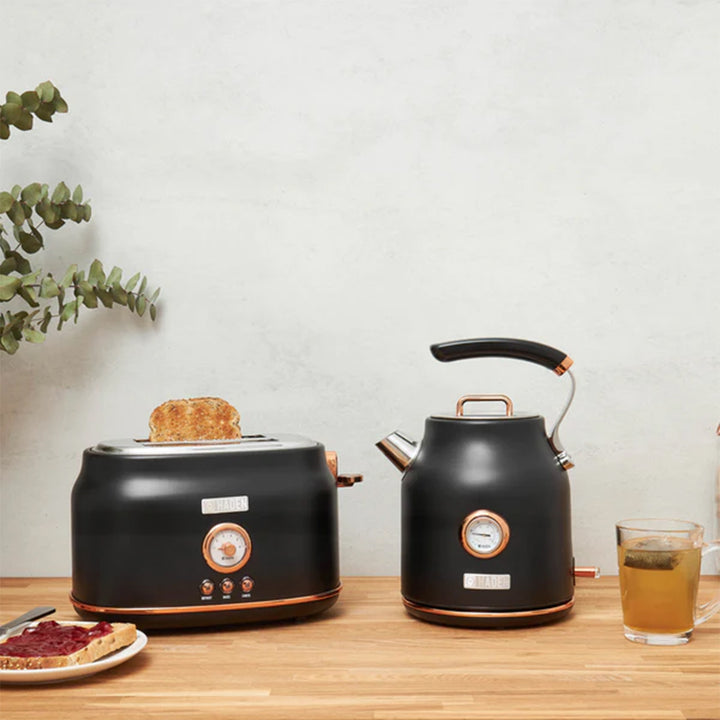 Haden Dorset Electric Water Kettle & 4 Slice Wide Slot Toaster, Black & Copper - VMInnovations