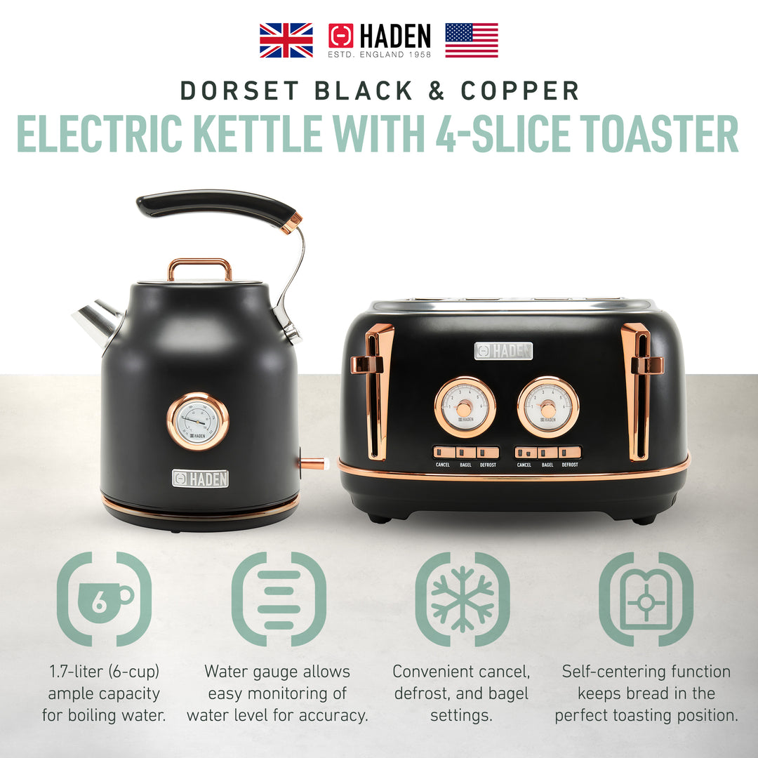 Haden Dorset Electric Water Kettle & 4 Slice Wide Slot Toaster, Black & Copper - VMInnovations