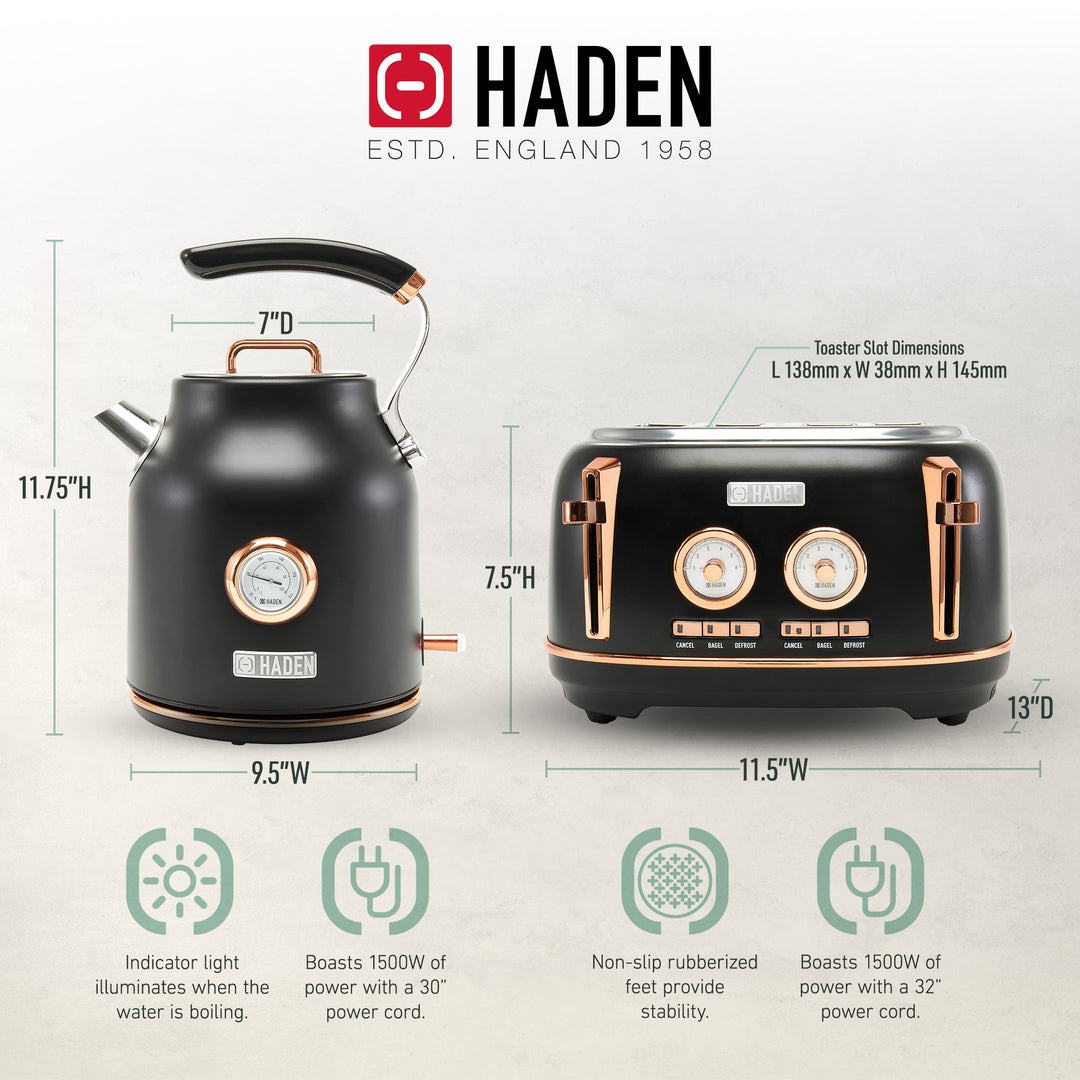 Haden Dorset Electric Water Kettle & 4 Slice Wide Slot Toaster, Black & Copper - VMInnovations
