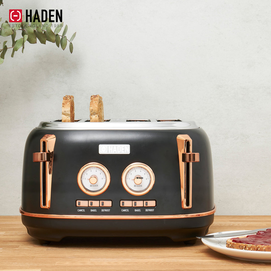 Haden Dorset Electric Water Kettle & 4 Slice Wide Slot Toaster, Black & Copper - VMInnovations