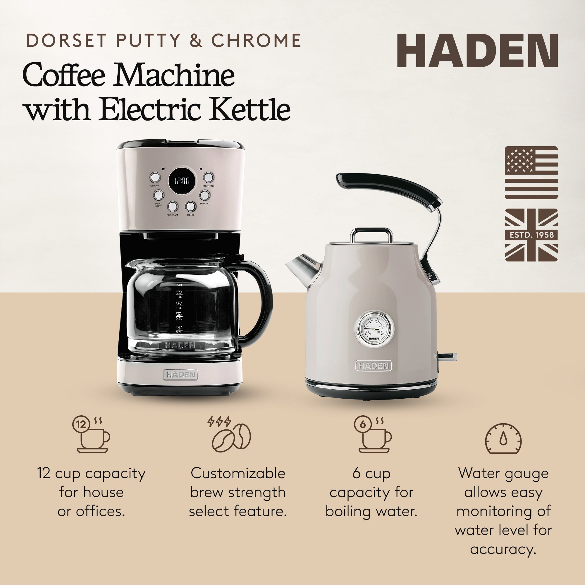 Haden 12 Cup Coffee Maker & Dorset 1.7L Electric Water Kettle, Putty & Chrome - VMInnovations