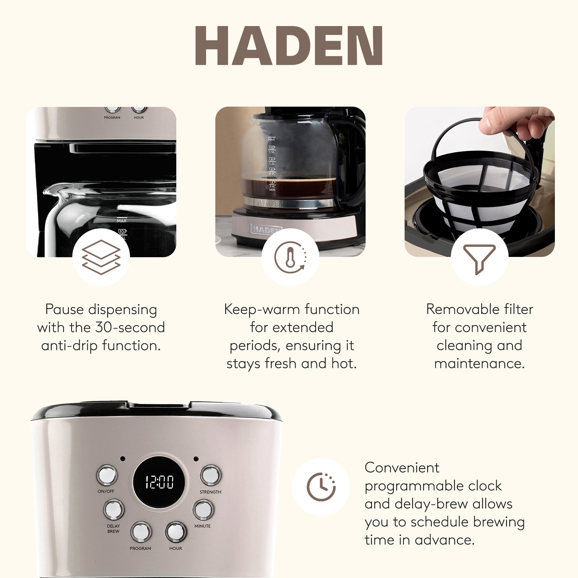 Haden 12 Cup Coffee Maker & Dorset 1.7L Electric Water Kettle, Putty & Chrome