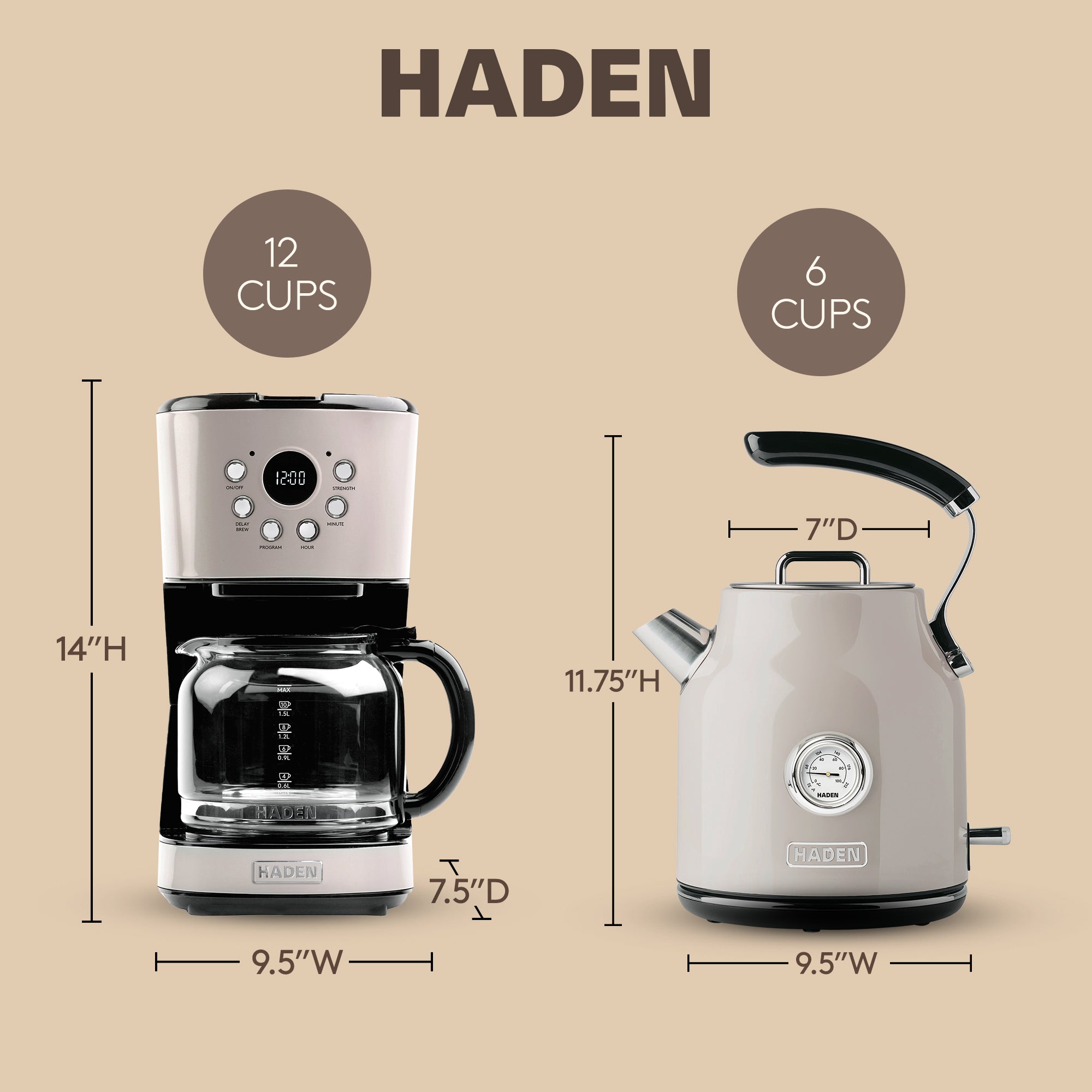 Haden 12 Cup Coffee Maker & Dorset 1.7L Electric Water Kettle, Putty & Chrome - VMInnovations