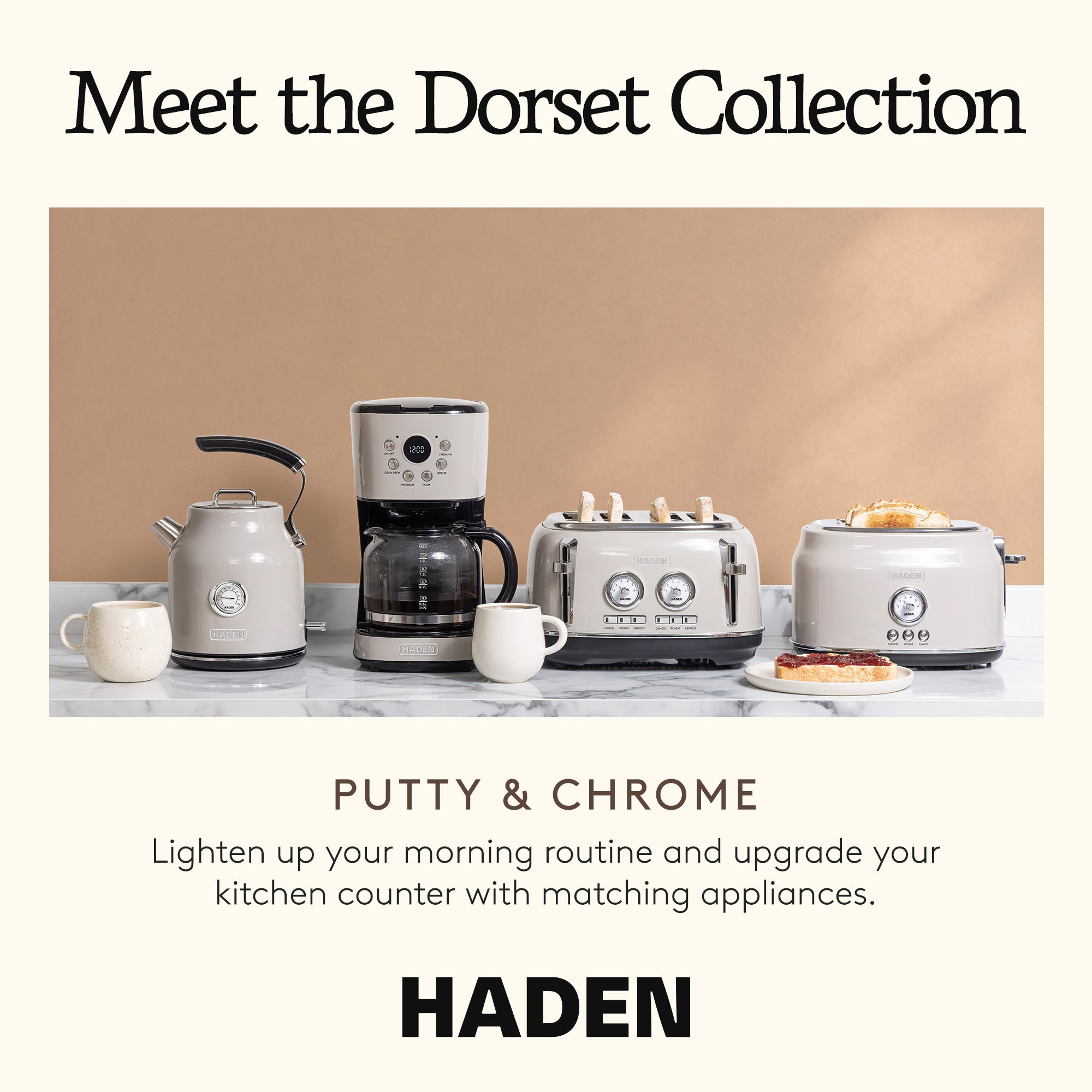 Haden 12 Cup Coffee Maker & Dorset 1.7L Electric Water Kettle, Putty & Chrome - VMInnovations