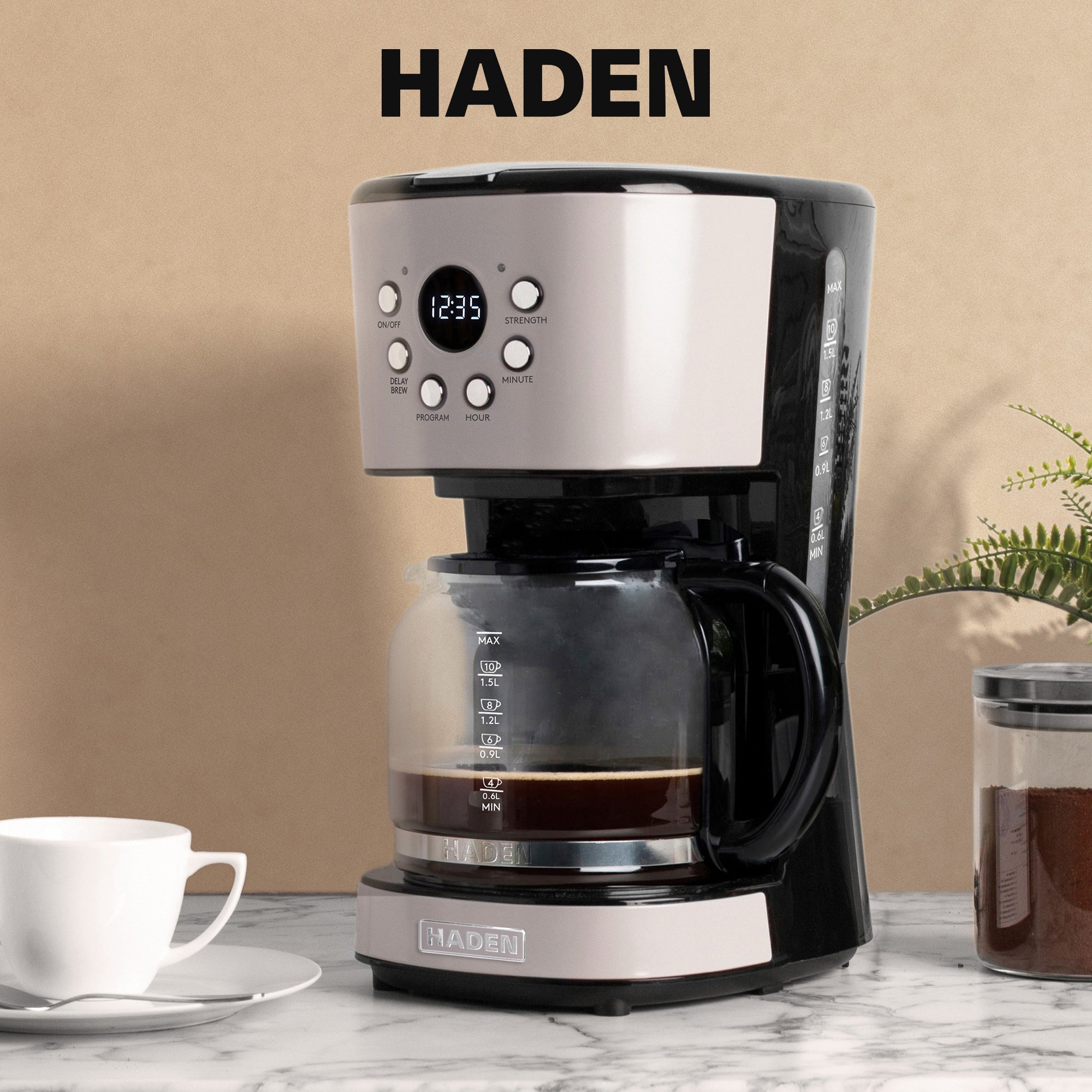 Haden 12 Cup Coffee Maker & Dorset 1.7L Electric Water Kettle, Putty & Chrome
