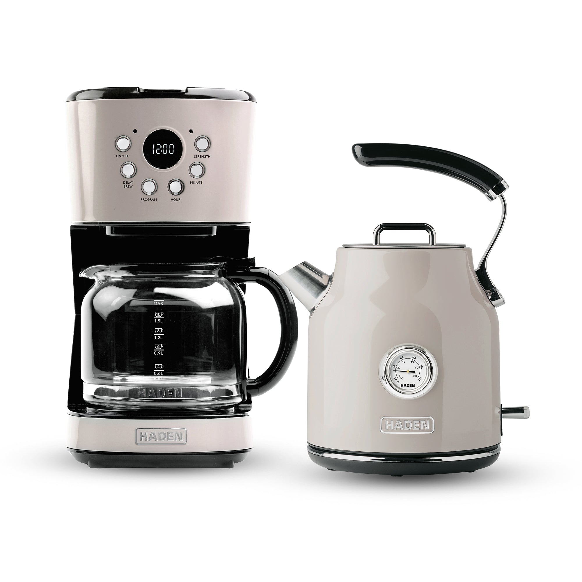 Haden 12 Cup Coffee Maker & Dorset 1.7L Electric Water Kettle, Putty & Chrome