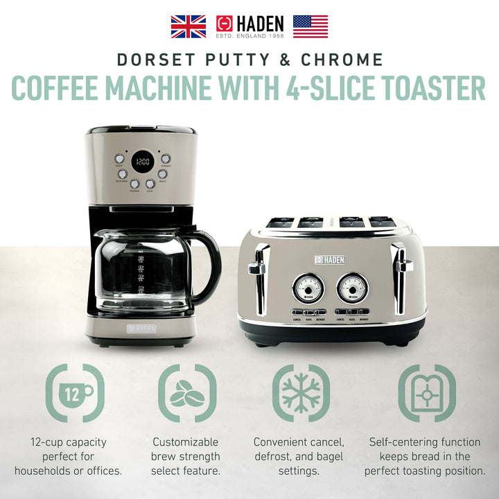 Haden Dorset 12 Cup Coffee Maker & 4 Slice Wide Slot Toaster, Putty & Chrome - VMInnovations