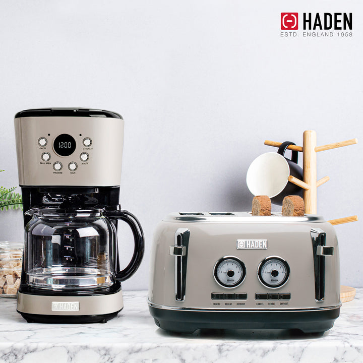 Haden Dorset 12 Cup Coffee Maker & 4 Slice Wide Slot Toaster, Putty & Chrome - VMInnovations