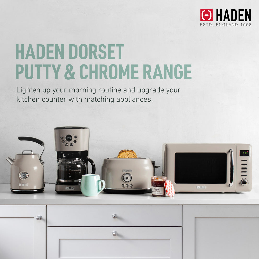 Haden Countertop Microwave & Dorset 2 Slice Wide Slot Toaster, Putty & Chrome - VMInnovations