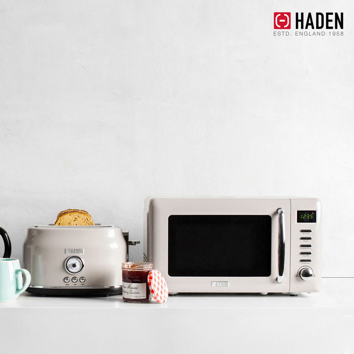 Haden Countertop Microwave & Dorset 2 Slice Wide Slot Toaster, Putty & Chrome - VMInnovations