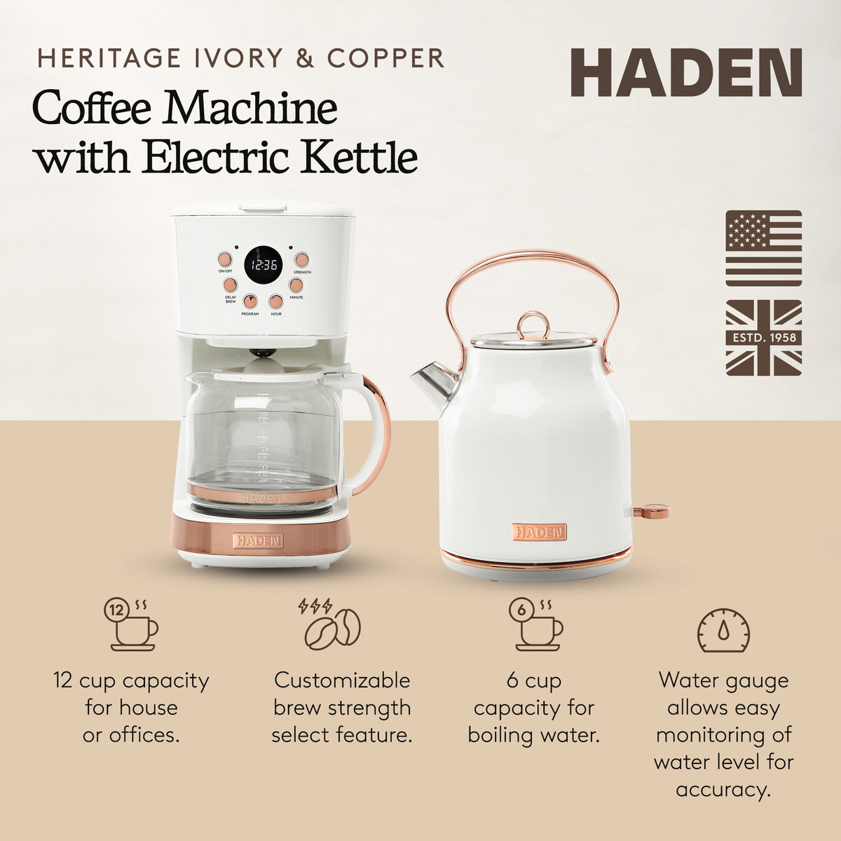 Haden 12 Cup Coffee Maker & Heritage 1.7 Liter Electric Kettle, Ivory & Copper
