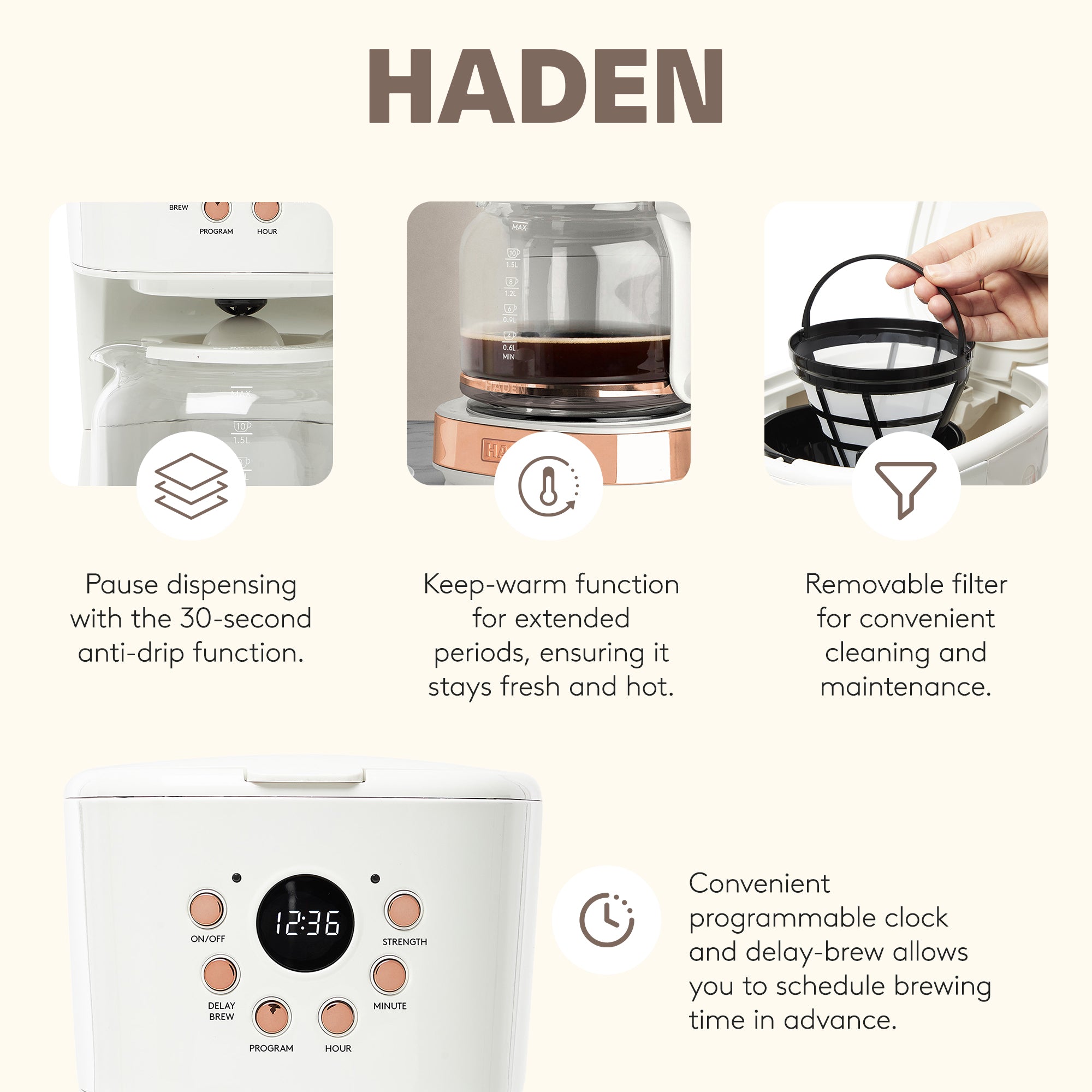 Haden 12 Cup Coffee Maker & Heritage 1.7 Liter Electric Kettle, Ivory & Copper - VMInnovations