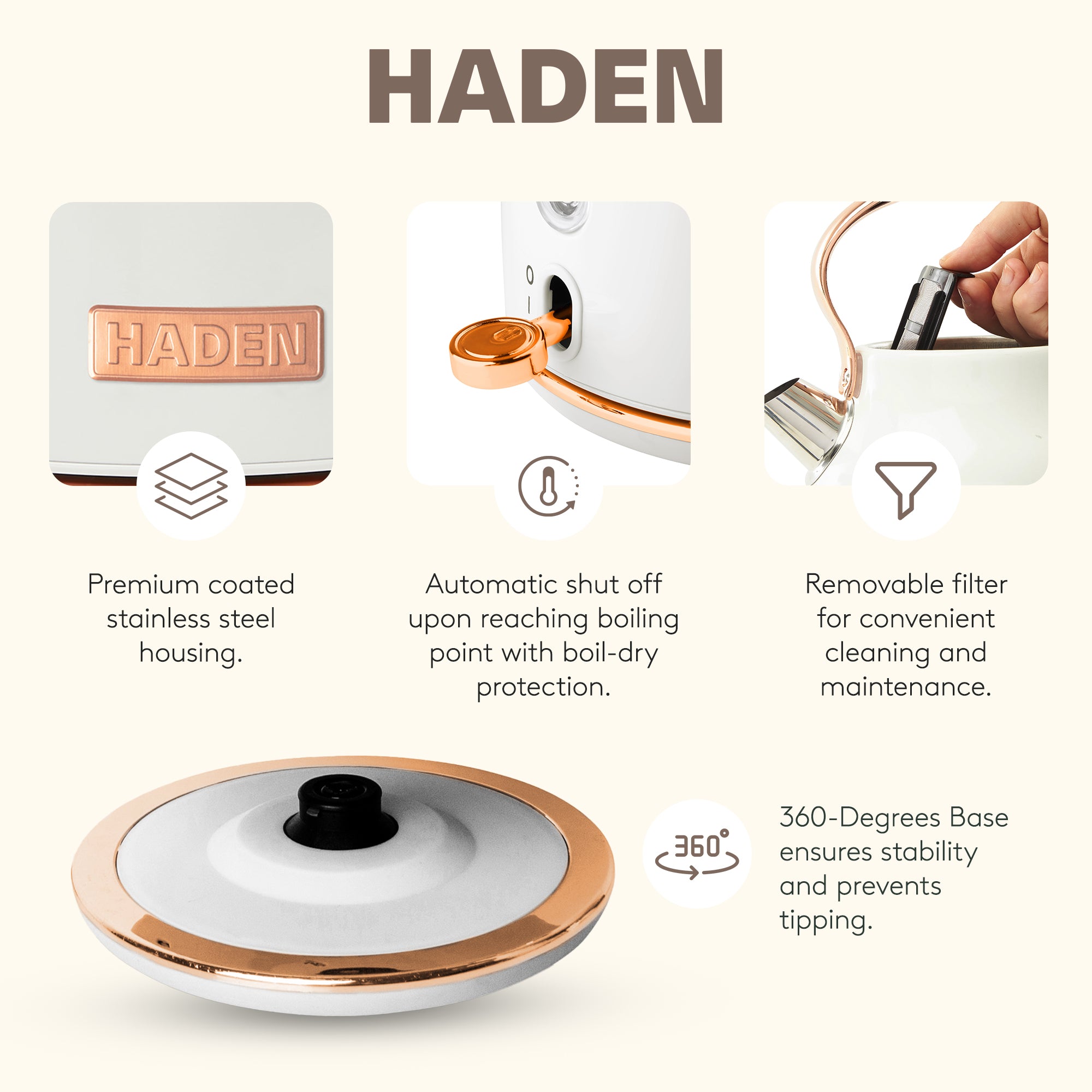 Haden 12 Cup Coffee Maker & Heritage 1.7 Liter Electric Kettle, Ivory & Copper