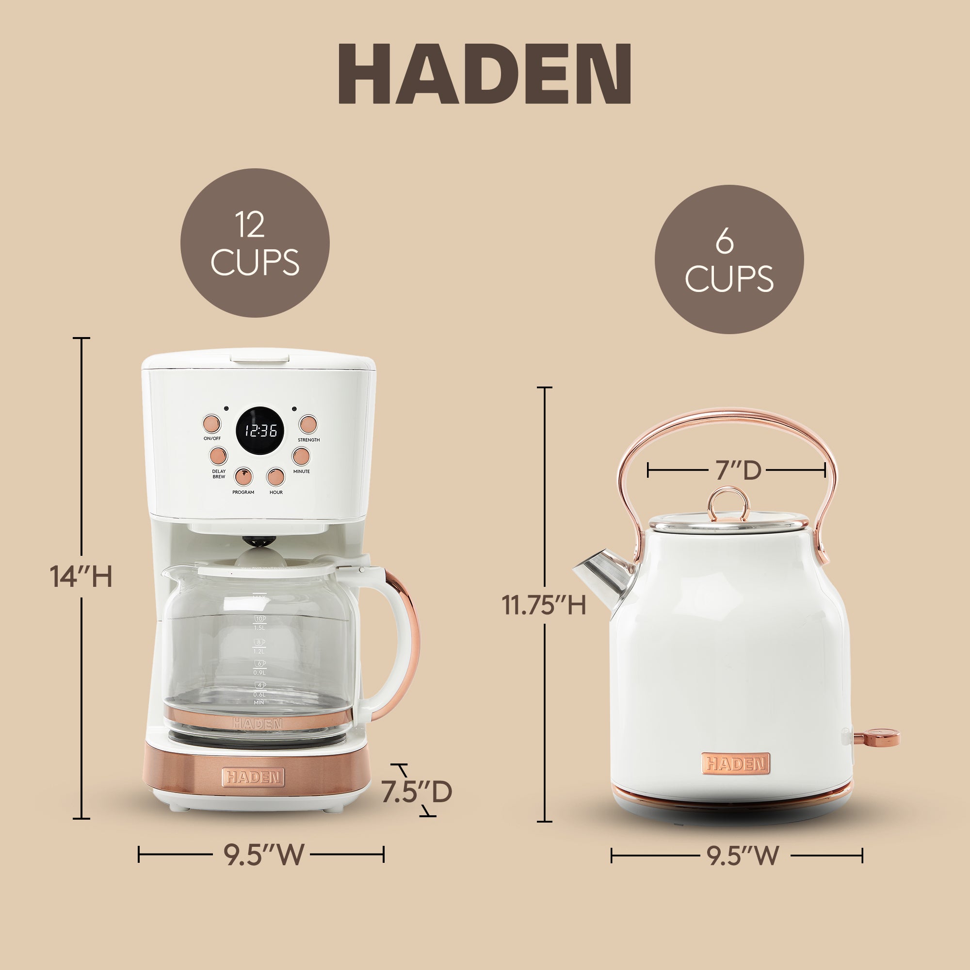 Haden 12 Cup Coffee Maker & Heritage 1.7 Liter Electric Kettle, Ivory & Copper