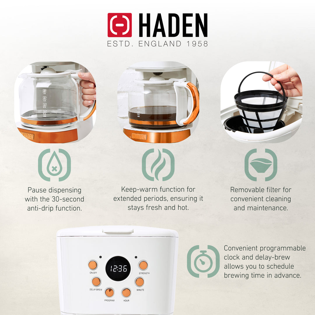 Haden 12 Cup Coffee Maker & Heritage 1.7 Liter Electric Kettle, Ivory & Copper - VMInnovations