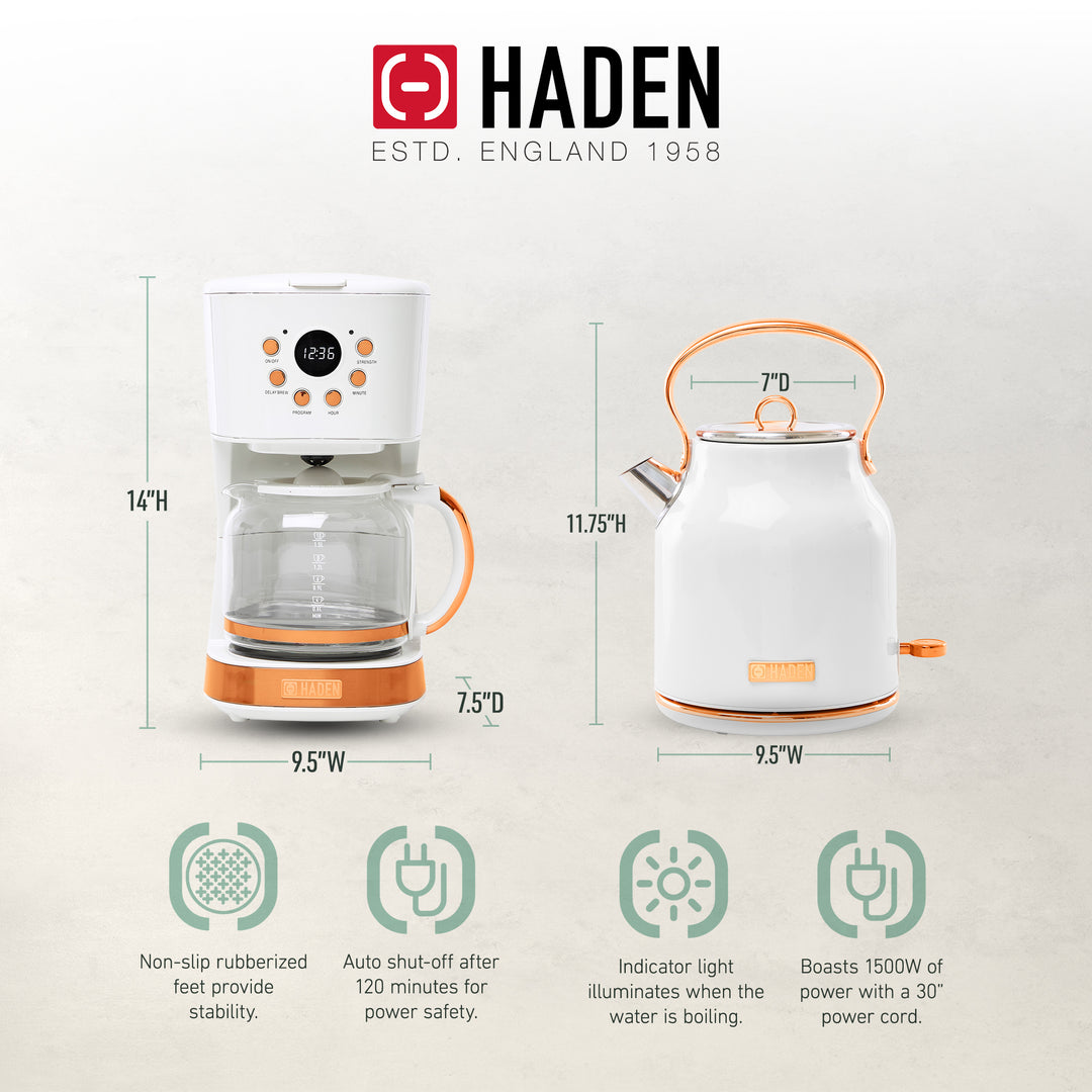 Haden 12 Cup Coffee Maker & Heritage 1.7 Liter Electric Kettle, Ivory & Copper - VMInnovations