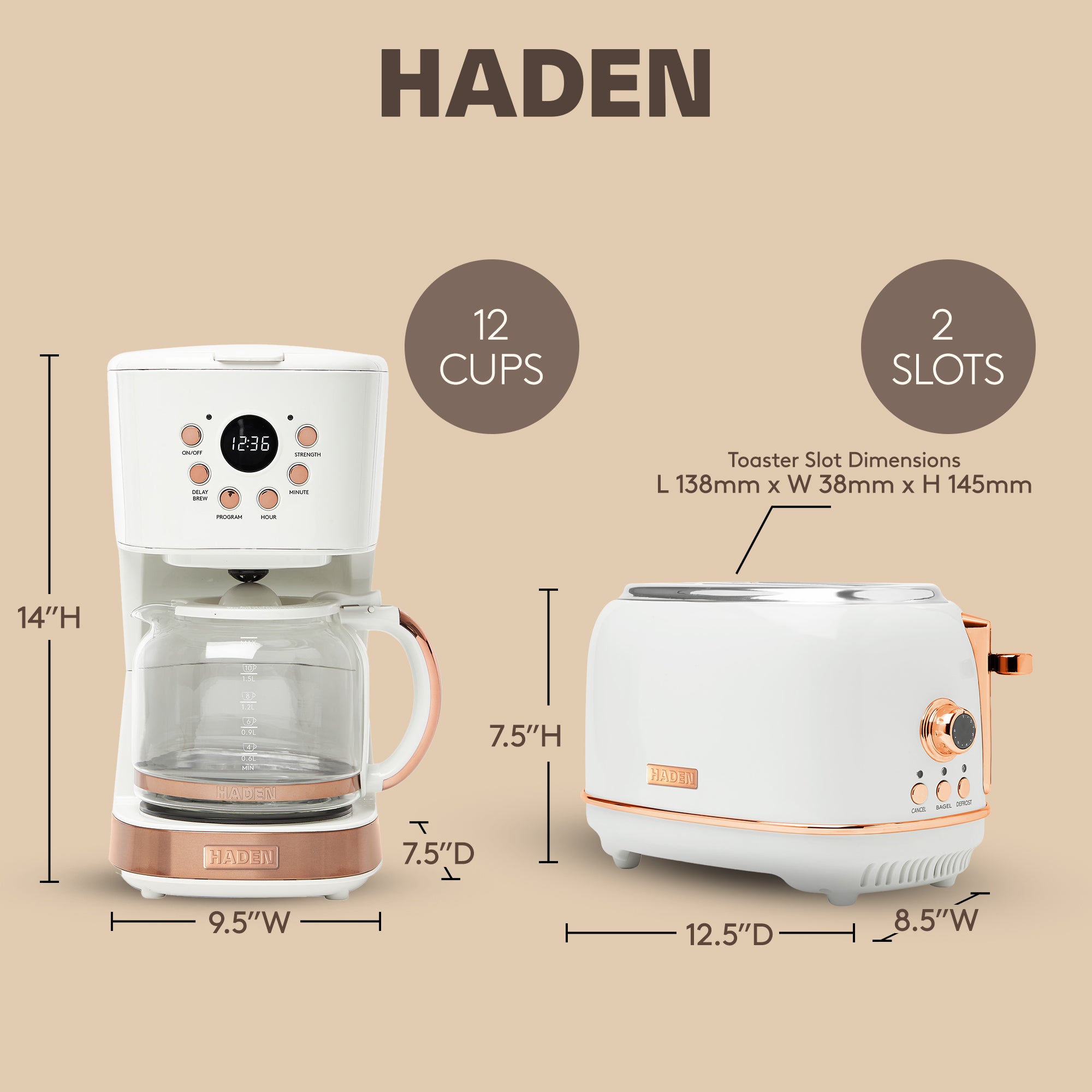 Haden Heritage 2 Slice Wide Slot Toaster & 12 Cup Coffee Maker, Ivory & Copper - VMInnovations