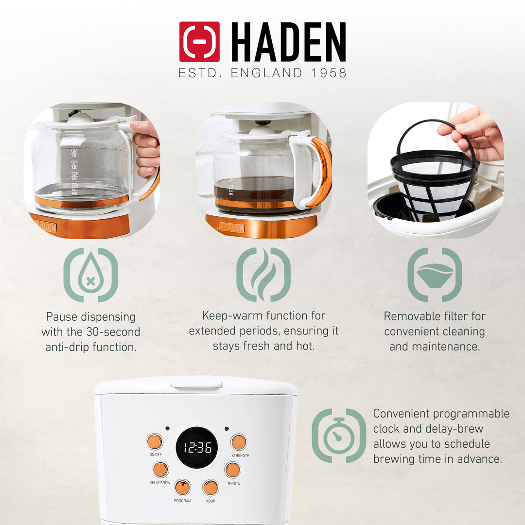 Haden Heritage 2 Slice Wide Slot Toaster & 12 Cup Coffee Maker, Ivory & Copper - VMInnovations