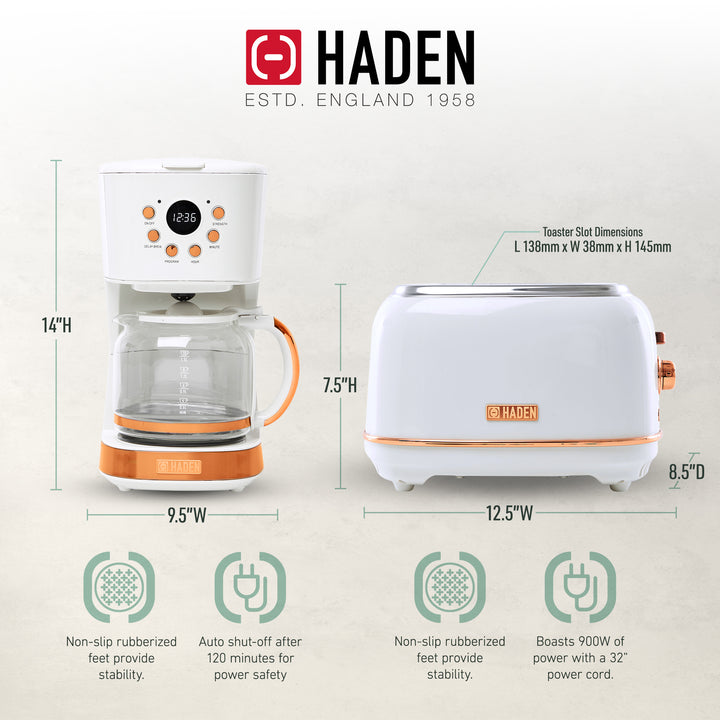 Haden Heritage 2 Slice Wide Slot Toaster & 12 Cup Coffee Maker, Ivory & Copper - VMInnovations