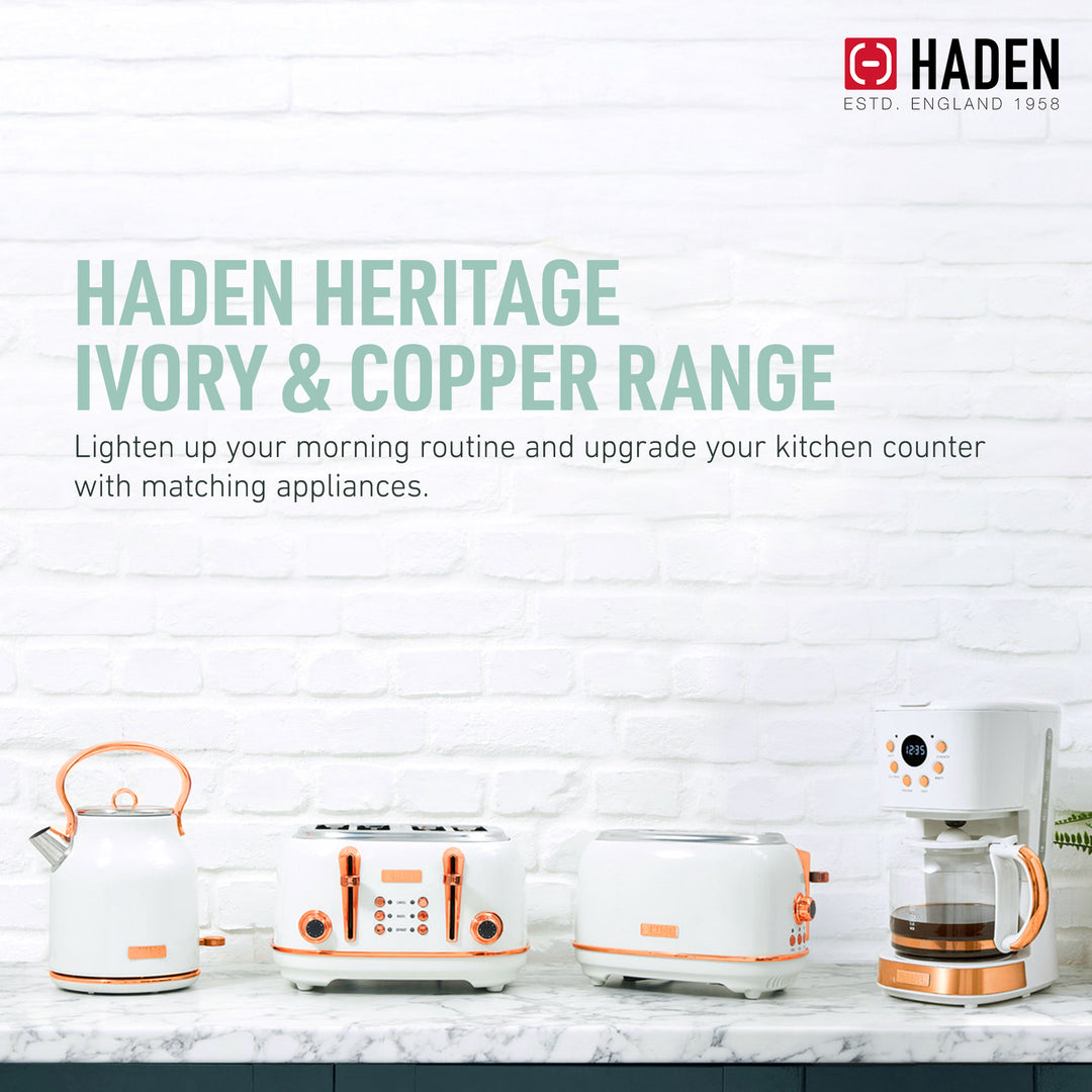 Haden Heritage 2 Slice Wide Slot Toaster & 12 Cup Coffee Maker, Ivory & Copper - VMInnovations