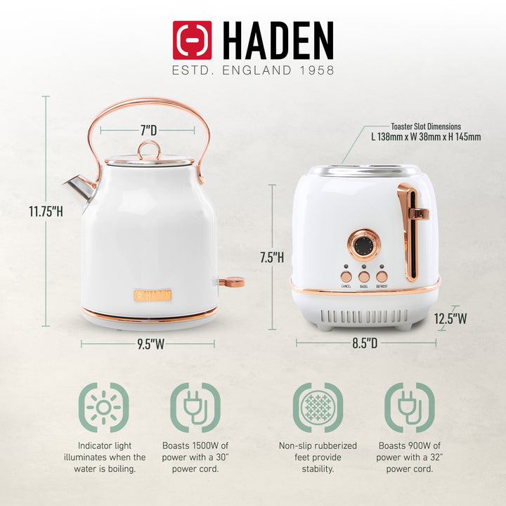 Haden Heritage 2 Slice Wide Slot Toaster & Electric Water Kettle, Ivory & Copper - VMInnovations