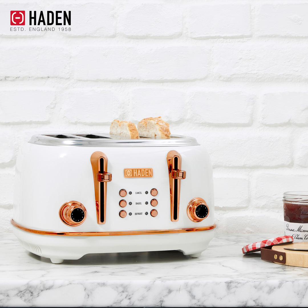 Haden Heritage 4 Slice Wide Slot Toaster & 12 Cup Coffee Maker, Ivory & Copper - VMInnovations