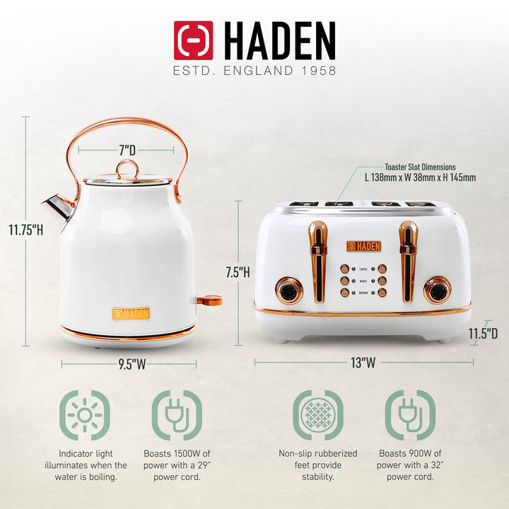 Haden Heritage 4 Slice Wide Slot Toaster & Electric Water Kettle, Ivory & Copper - VMInnovations