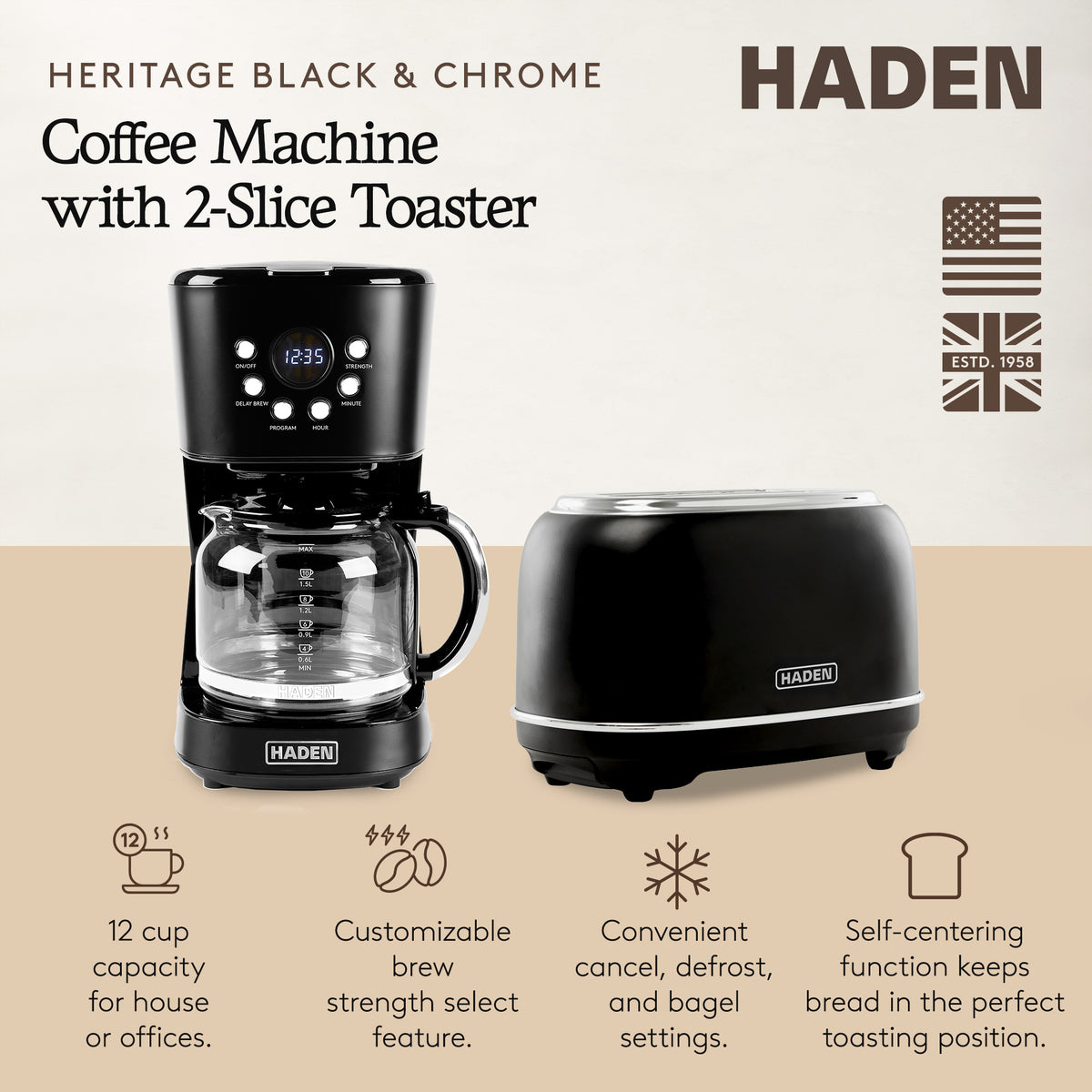 Haden 12 Cup Coffee Maker & Heritage 2 Slice Wide Slot Toaster, Black & Chrome