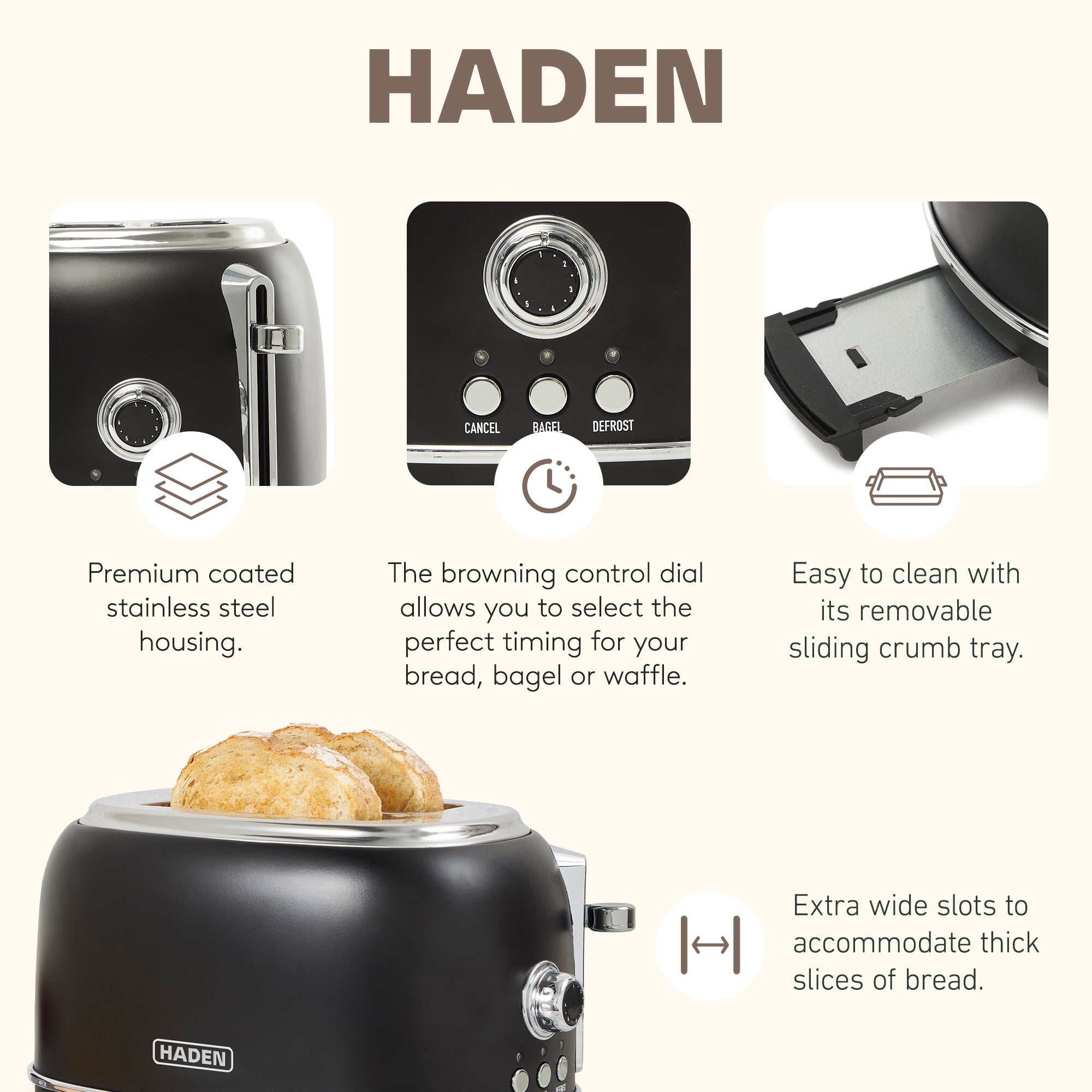 Haden 12 Cup Coffee Maker & Heritage 2 Slice Wide Slot Toaster, Black & Chrome