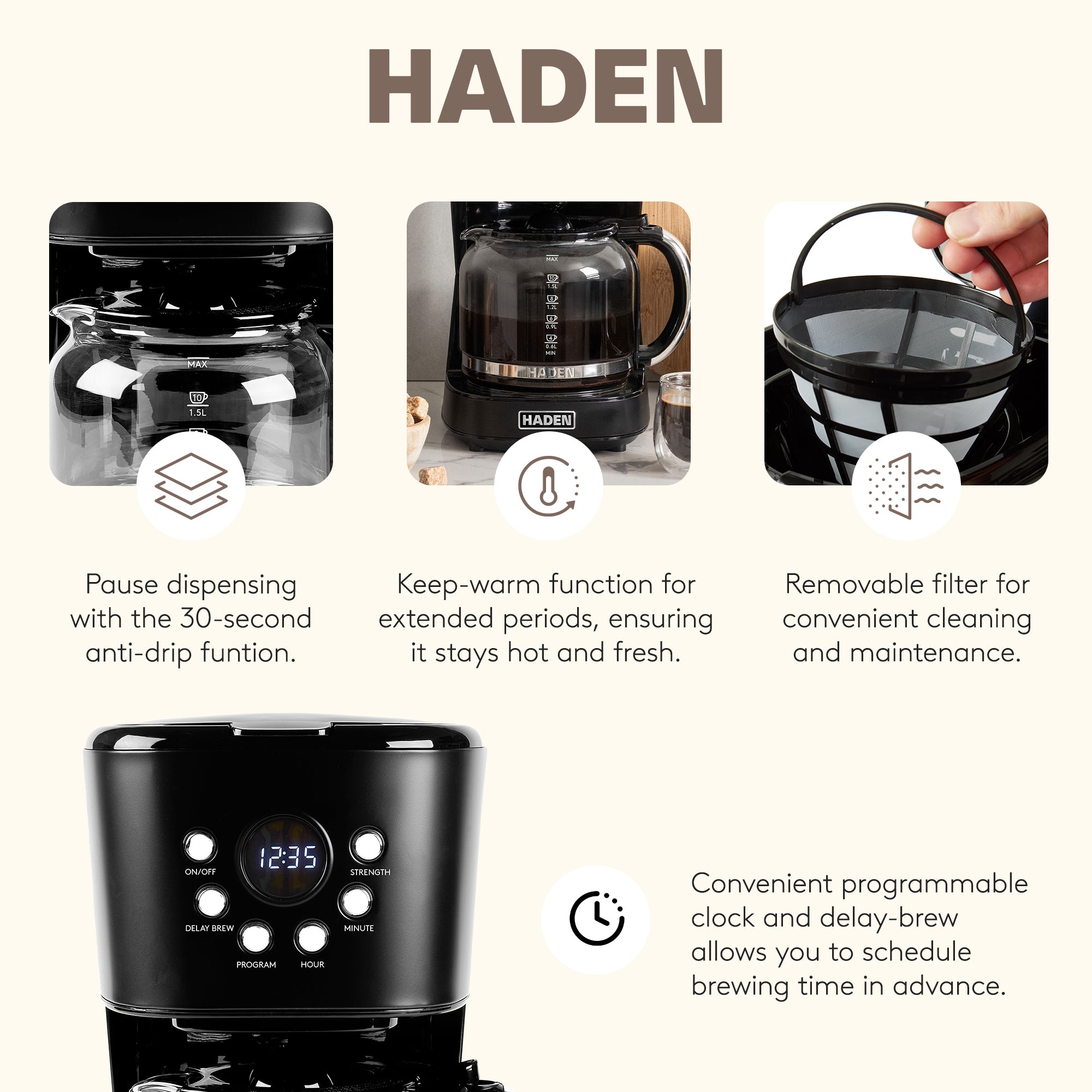 Haden 12 Cup Coffee Maker & Heritage 2 Slice Wide Slot Toaster, Black & Chrome - VMInnovations
