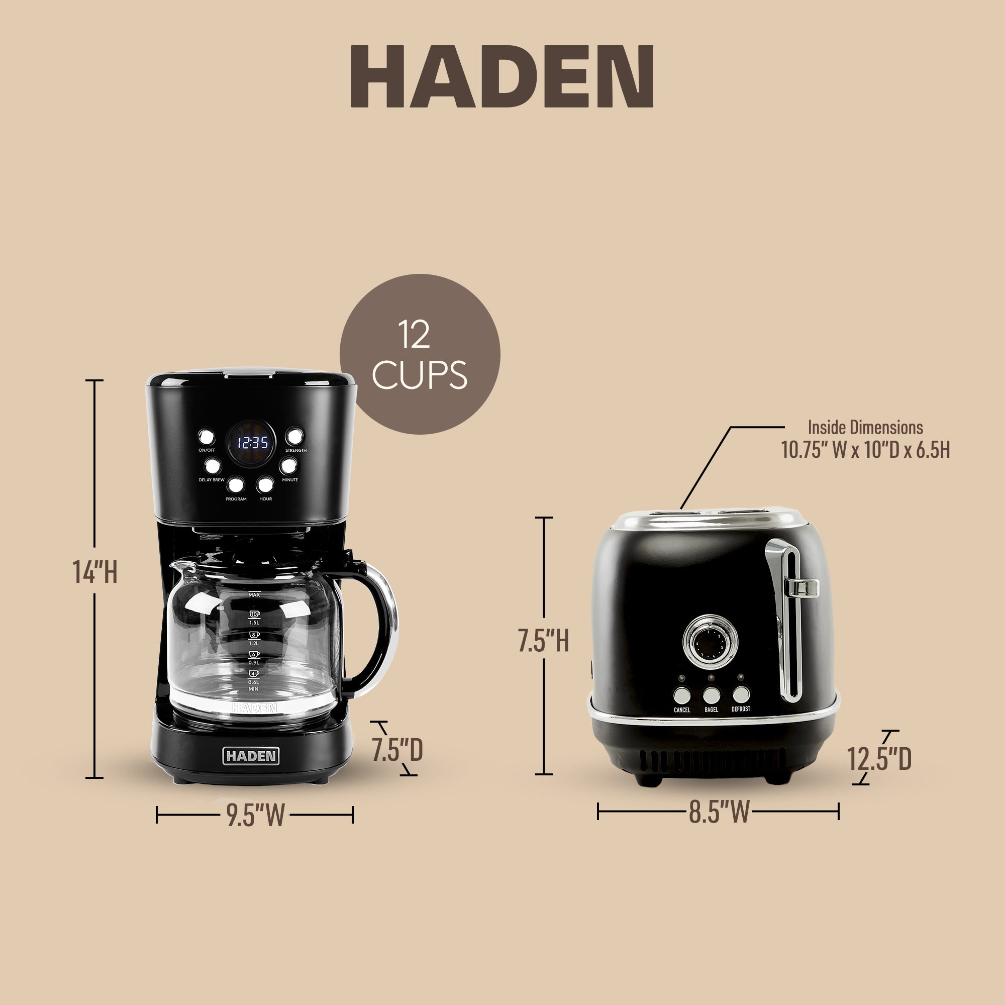 Haden 12 Cup Coffee Maker & Heritage 2 Slice Wide Slot Toaster, Black & Chrome