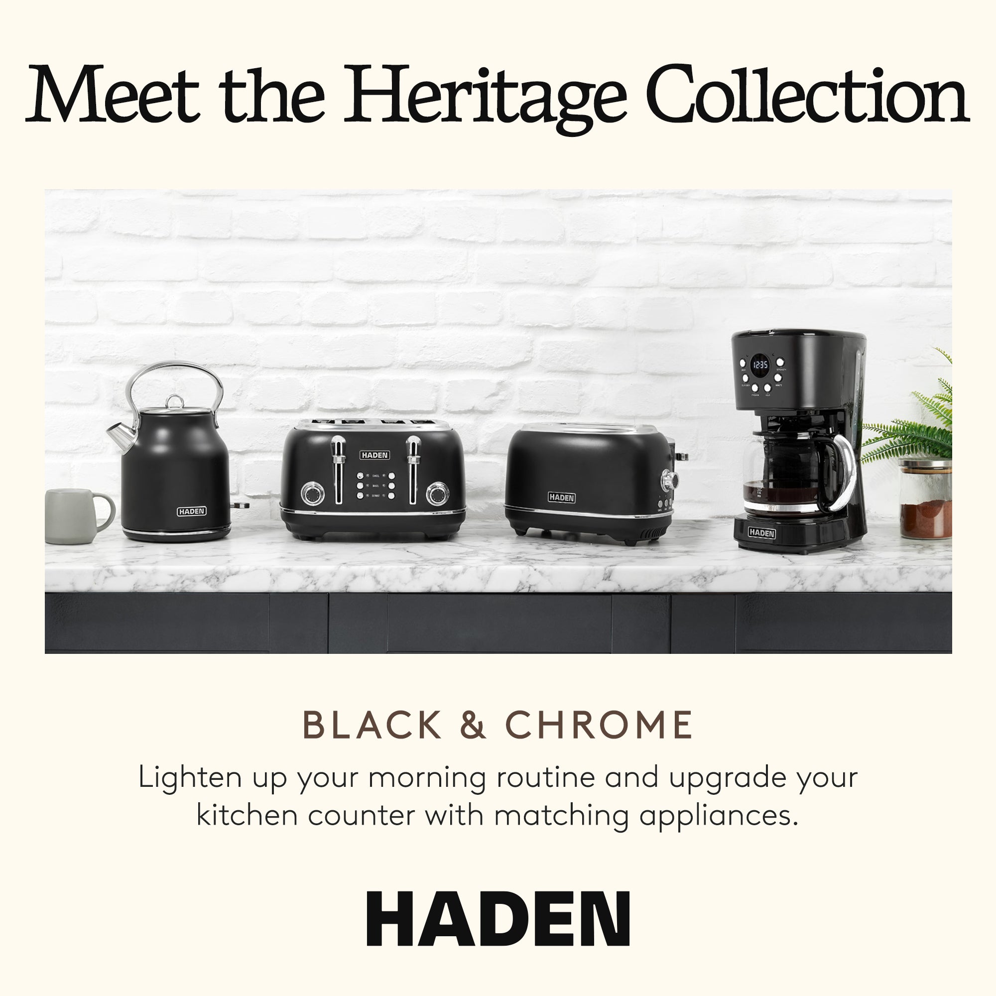 Haden 12 Cup Coffee Maker & Heritage 2 Slice Wide Slot Toaster, Black & Chrome