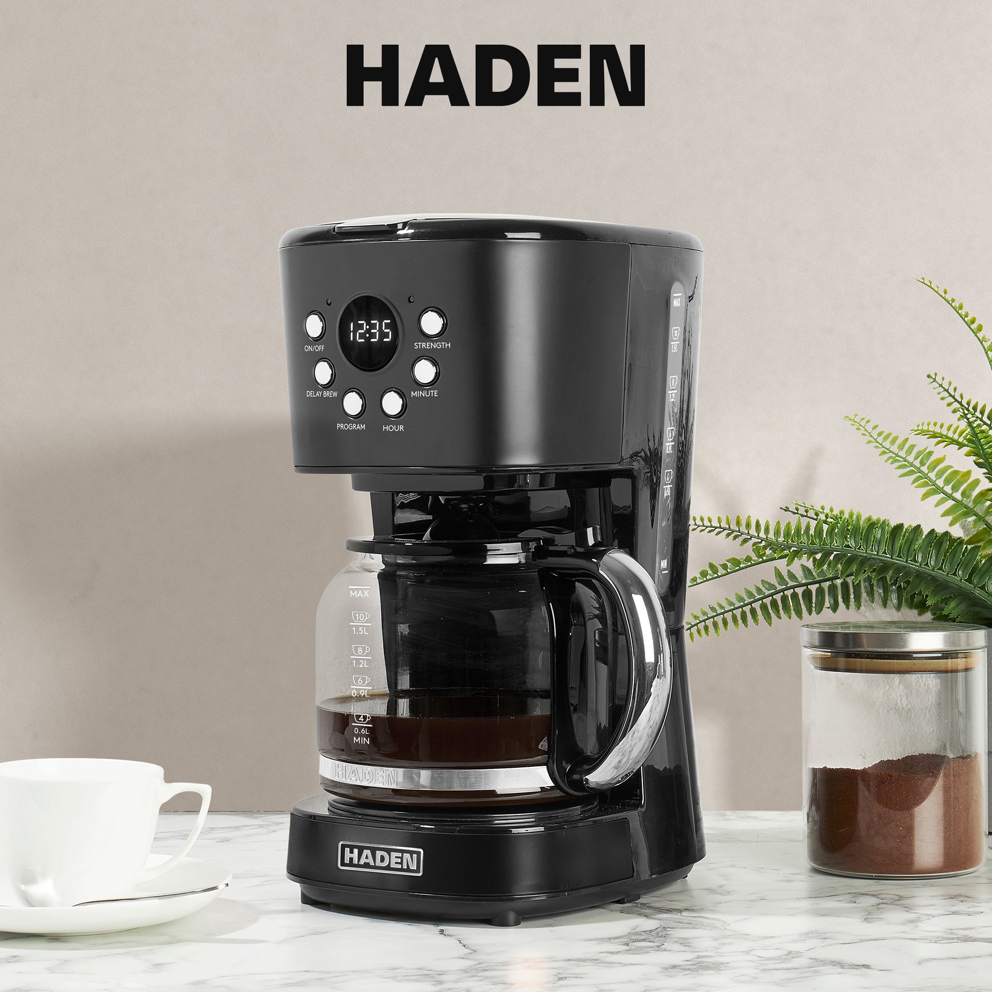 Haden 12 Cup Coffee Maker & Heritage 2 Slice Wide Slot Toaster, Black & Chrome