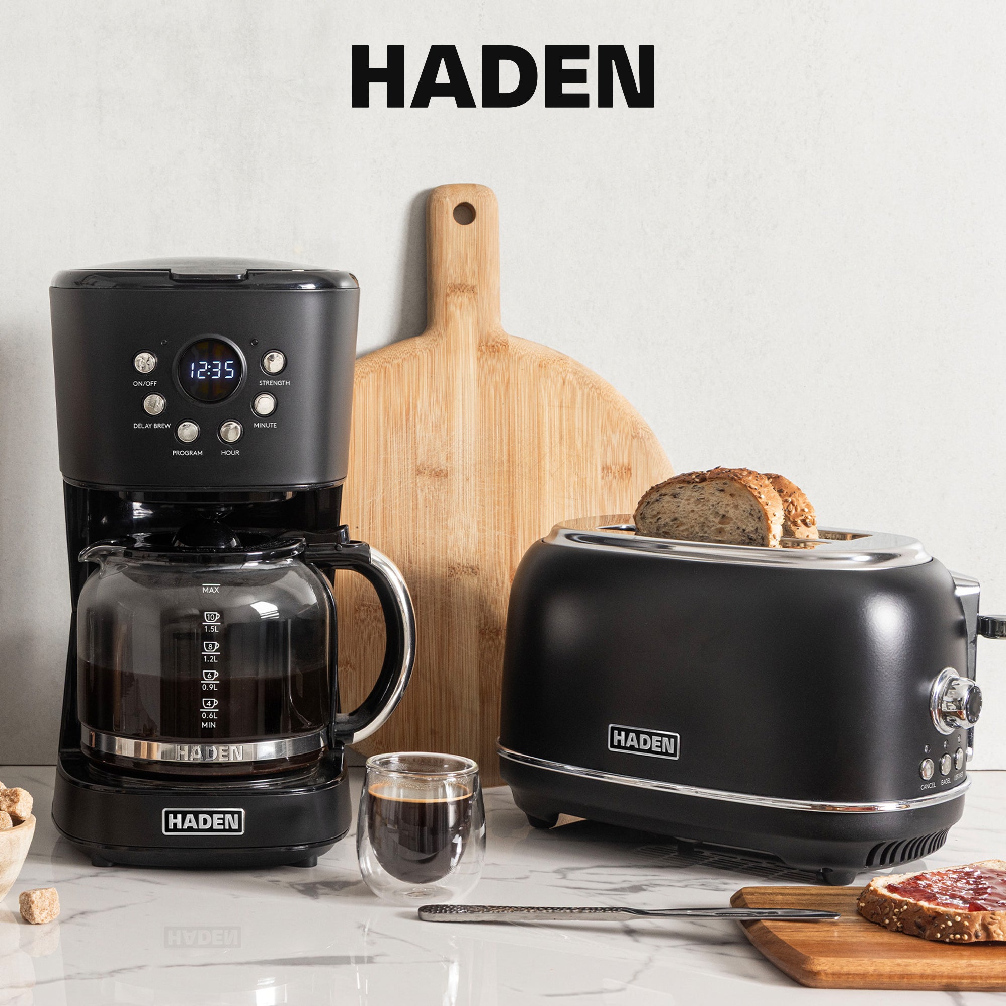 Haden 12 Cup Coffee Maker & Heritage 2 Slice Wide Slot Toaster, Black & Chrome