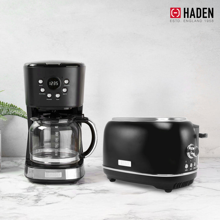 Haden 12 Cup Coffee Maker & Heritage 2 Slice Wide Slot Toaster, Black & Chrome - VMInnovations