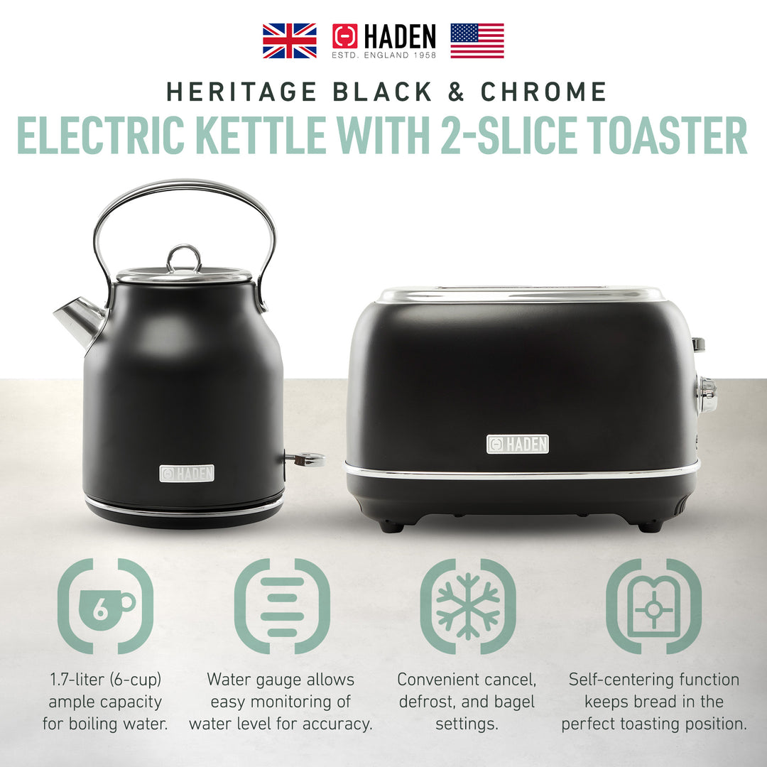 Haden Heritage 2 Slice Wide Slot Toaster & Electric Water Kettle, Black & Chrome - VMInnovations