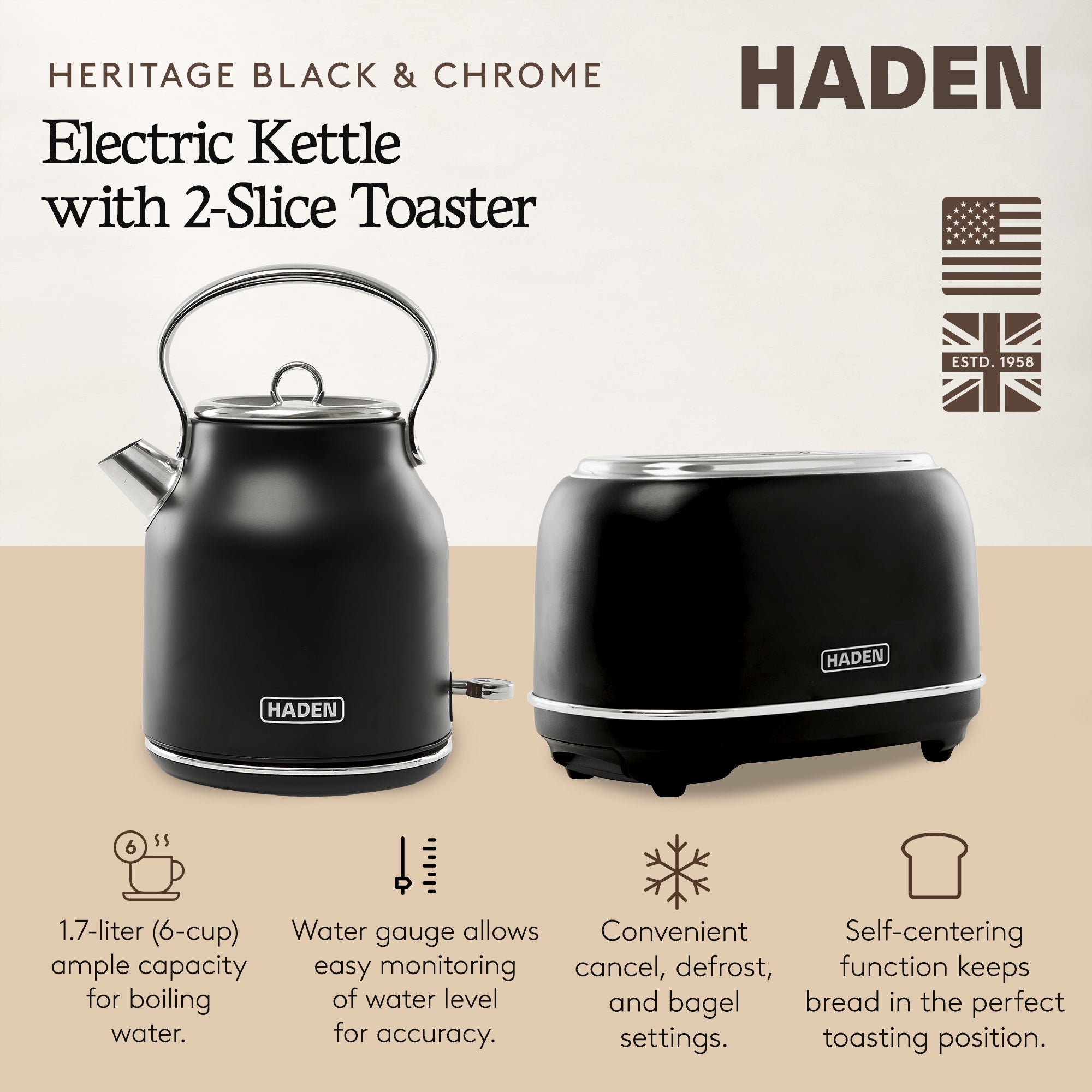 Haden Heritage 2 Slice Wide Slot Toaster & Electric Water Kettle, Black & Chrome