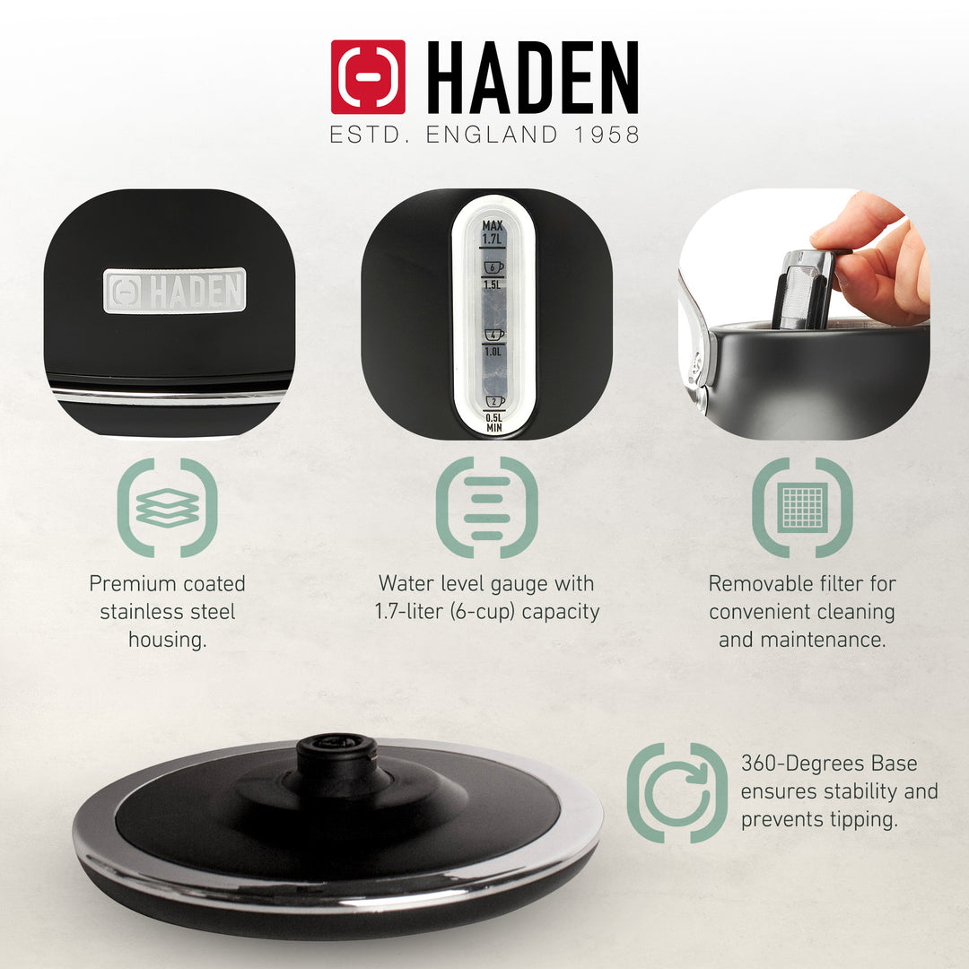 Haden Heritage 2 Slice Wide Slot Toaster & Electric Water Kettle, Black & Chrome - VMInnovations